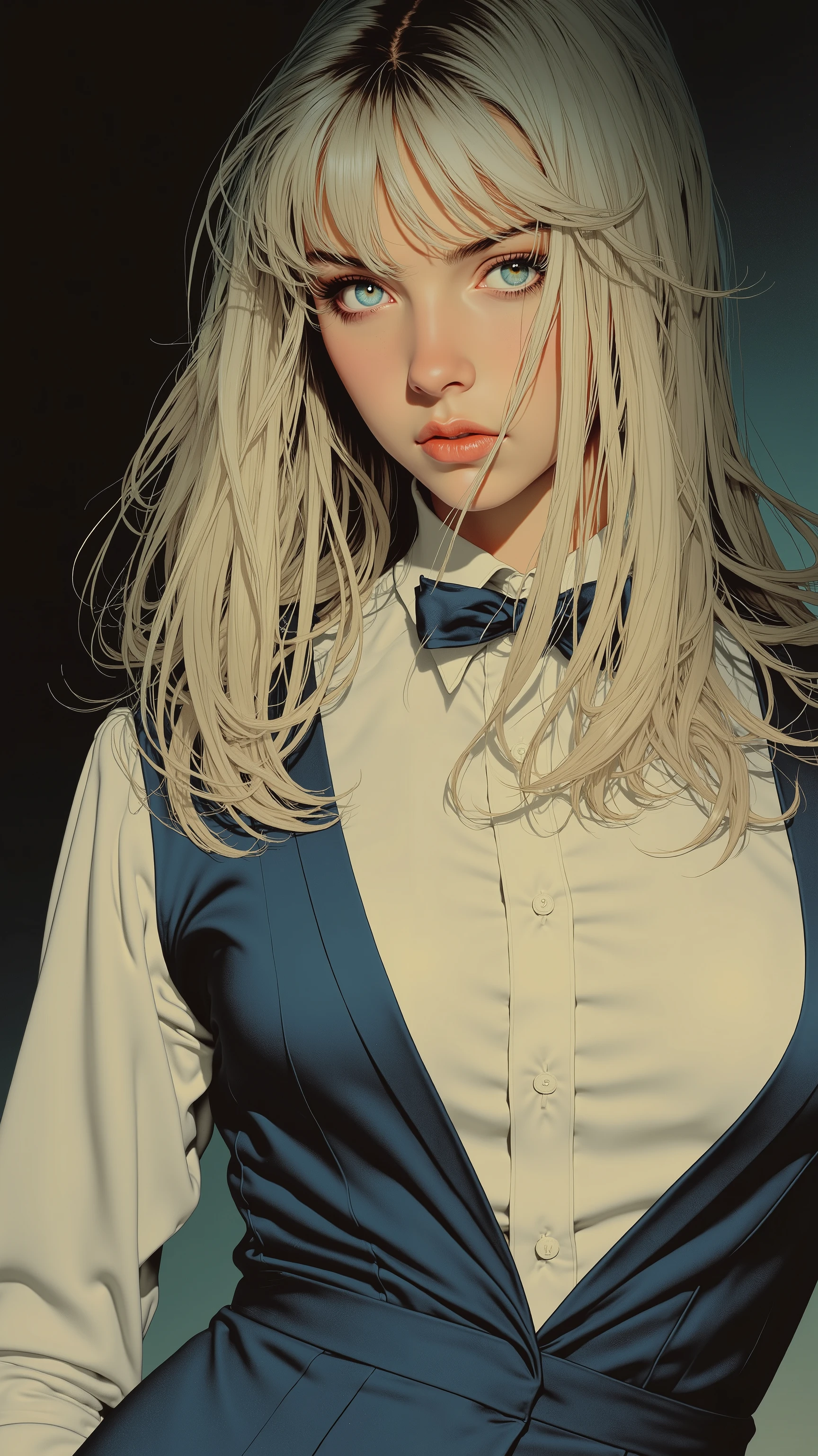 16k, high detailed picture, realistic style, masterpiece, very young girl, perfect breasts, disheveled hair, full body shot, rounded face, shy, snub nose, a long strand of bangs hangs between her right eye, light blue eyes, big eyes, hair over one eye, light hair, long hair, (sexy outfit, tight outfit, bursting breasts, tight-fitting trousers, long-sleeved white shirt, bowtie, tight-fitting vest, gigola, open shirt)