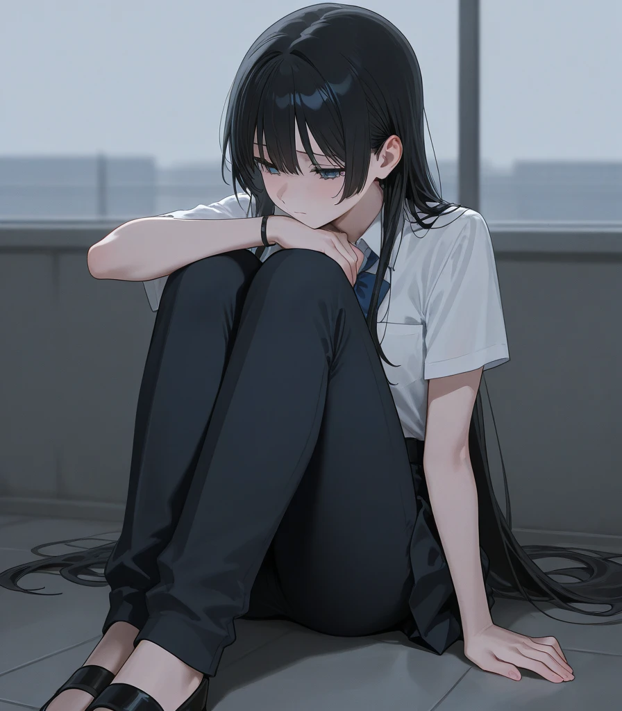 cinematic artwork, muted colors, emotional, simple, deep, a girl sitting on the ground, inside the bathroom, hugging the legs, bare feets, sad, depressing, wearing a oversized white shirt, black shorts