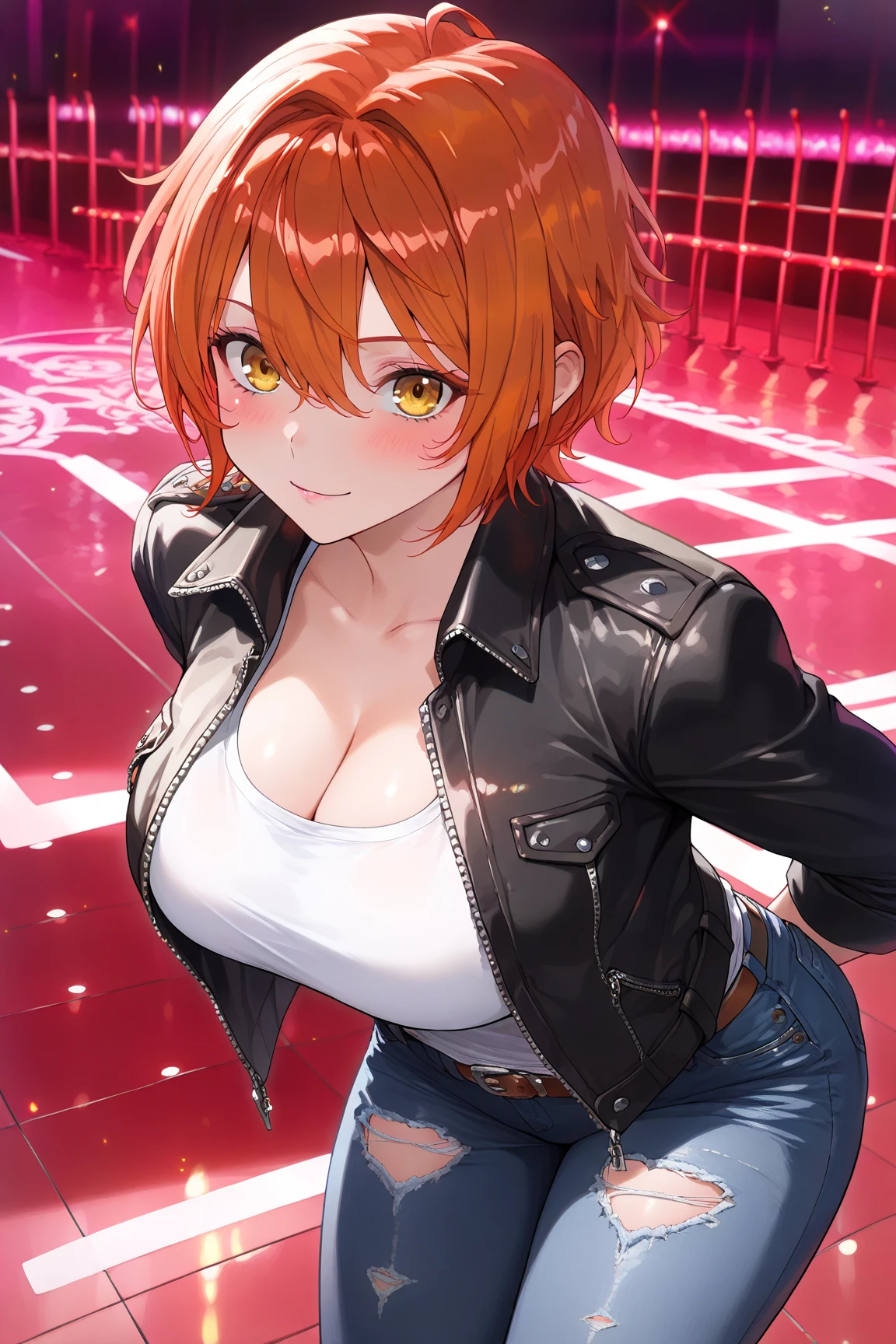 (1 girl:1.3、solo)、(masterpiece、highest quality、photorealistic、High resolution、photo shoot、:1.3)、Super detailed、sharp focus、professional photos、commercial photography、(Upper body:1.3)、(Standing Downtown) 、(((look at the viewer:1.5)))、(focus on the side、raise your arms、Put your arms behind your head)、BREAK、1 girl、solo、mature woman、hot model、(attractive model:1.37)、(promotional model:1.2 )、highly detailed eyes and pupils、realな肌、(attractive body、big breasts:1.25、thin waist:1.15)、highly detailed hair、delicate and sexy face、Sensual gaze、glossy lips、BREAK、(orange zip-up turtleneck sweater) :1.3、No sleeve)、(shorts:1.3)、detailed clothes、BREAK、(outdoor、Times Square garden background、blurred background:1.25、simple background、Background without people、detailed background)、(under the sunset:1.37)、short hair BREAK、(attractive pose)、((real、超real、realism、realなディテール))、perfect anatomy、perfect proportions、Bokeh、Depth of bounds written、very clear image、(attractive emotions、enchanting smile:1.2、happiness:1.2) 、blush:1.2、:d:1.2、:p:1.2)、four fingers and thumb、perfect human hand、Wind、
