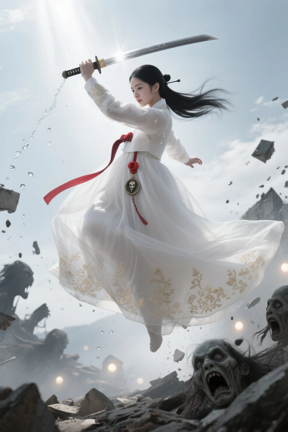 Surreal vertical image of a hunter in the air surrounded by still debris, The feeling of wielding a sword to destroy evil spirits and rise to the sky, She looks upwards, defeats and hits demons, and ascends while slashing demons with a sword with elegant martial arts movements.. The shattering objects stop around her, Time-frozen water droplets and collapsed ruins as her body twists with momentum , Long black hair is fixed with a hairpin on one side. Her body twists with exercise, A traditional Korean sword that swings in full swing and a Hanbok gown that drags back like a ribbon, The thin white hanbok gown is embroidered with traditional Korean patterns in gold on a white background., The end of Hanbok in the shape of a very thin gown is flowing like smoke, Pus from the bottom of the Hanbok top flutters for a long time, A red pacifier decoration flowing down her waist for a long time, One side of her thin Hanbok waist is swaying with a medal containing the soul of an evil spirit., A stream of light from the sky shining on her, Sweat on her innocent and elegant skin shines in the still light, Nightmare figures frozen in terror , Evil spirits with frightened expressions. Cinematic lighting from multiple soft light sources , Dynamic stillness and spatial depth emphasized 