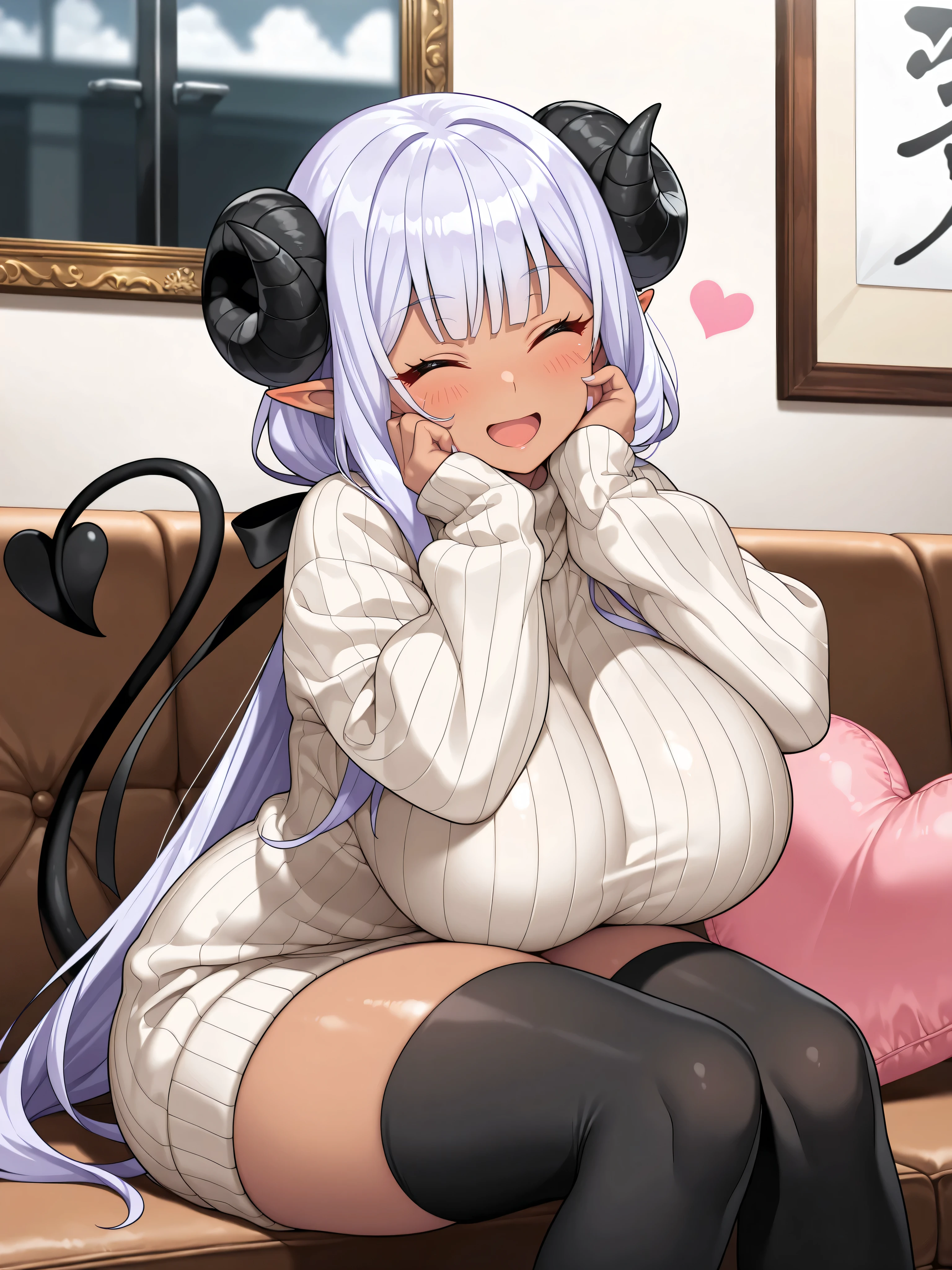 ((masterpiece:1.7, best quality)), ((masterpiece, best quality)),1girl,(((solo))),bishoujo,((black curled horns)),((black devil tail)),light makeup,(((light purple hair:1.2))),straight hair,long hair,low ponytail,partial bangs,sidelocks,((dark skin)),shiny skin,elf,tsurime,red eyes,beautiful eyes,Long eyelashes,, (light pink thin lips),huge breast,curvy,plump,big hip,thick thighs,(beige ribbed sweater dress),long sleeves,tail hole on sweater dress,black ribbon,light pink fingernails,black Thigh-high socks,(G-string under sweater dress),BREAK,livingroom,White wall,sanset sky,BREAK,(((from forward))),(((blush))),(((closed eyes))),happy smile,open mouth,sitting brown sofa,heart sign pillow,hands on own cheek