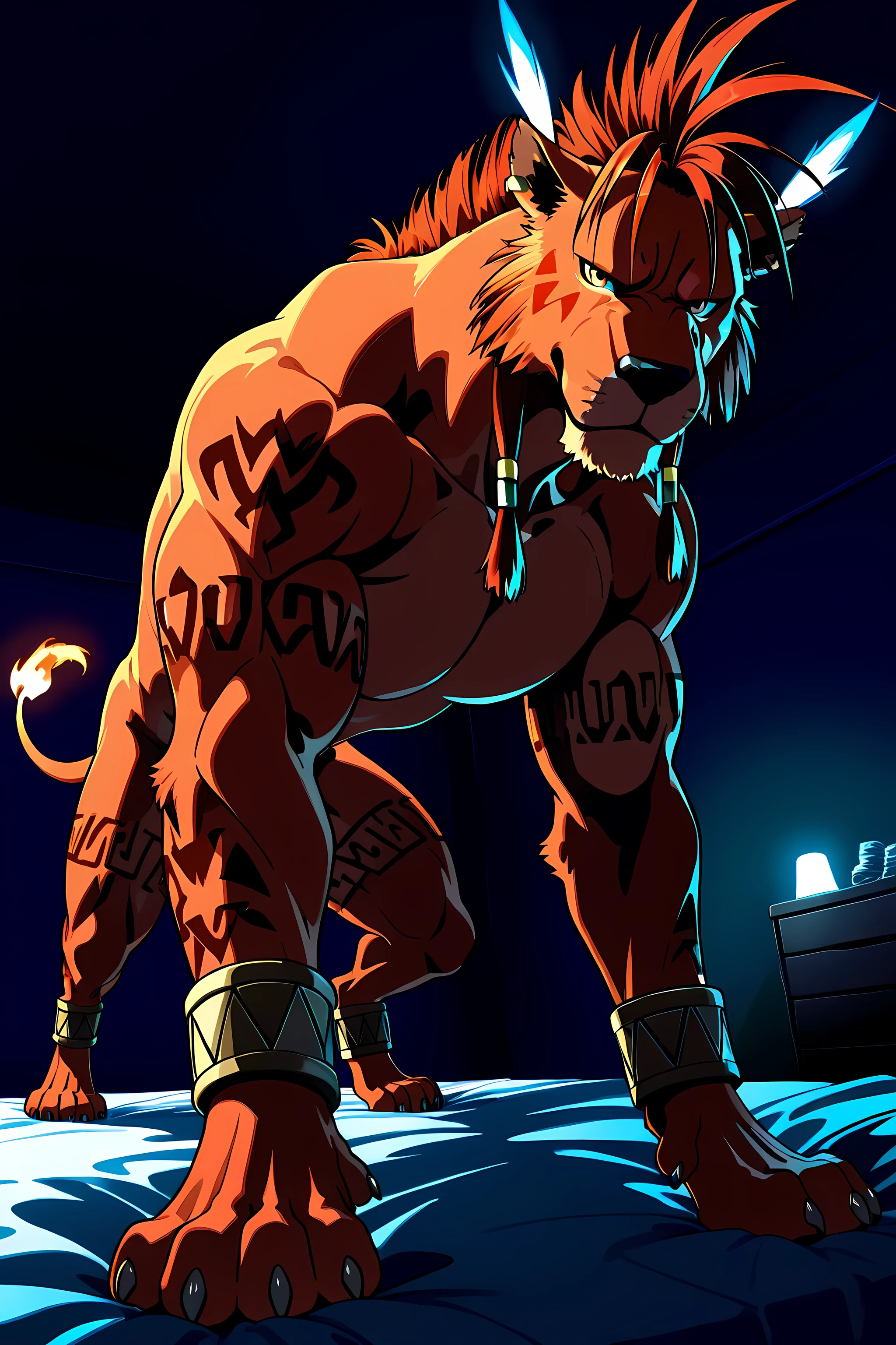 nanaki, red xiii, (very muscular feral), (feral), male, solo, dog, paws, cel shaded, (muscular, pectorals, buff), dark background, dim room, intense shading, glow, low-angle shot, from below, posing on bed, tribal, dim room, indoors, looking at viewer, looming above viewer, long neck, muscular neck,