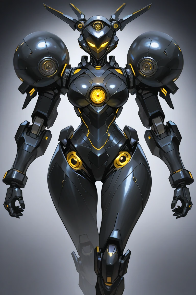 (masterpiece), (best quality), (high res) Solo, (perfect anatomy) Dronificated unknown woman , (enclosed gray full body heavy armor) (yellow lights) (yellow circular glowing core in the chest), (enclosed cyber helmet), mechanical wings, (yellow screen), huge breast, narrow waist, wide hips, thick thighs, in a storage, (no face) no face, no hair, no mouth, no eyes, in a factory