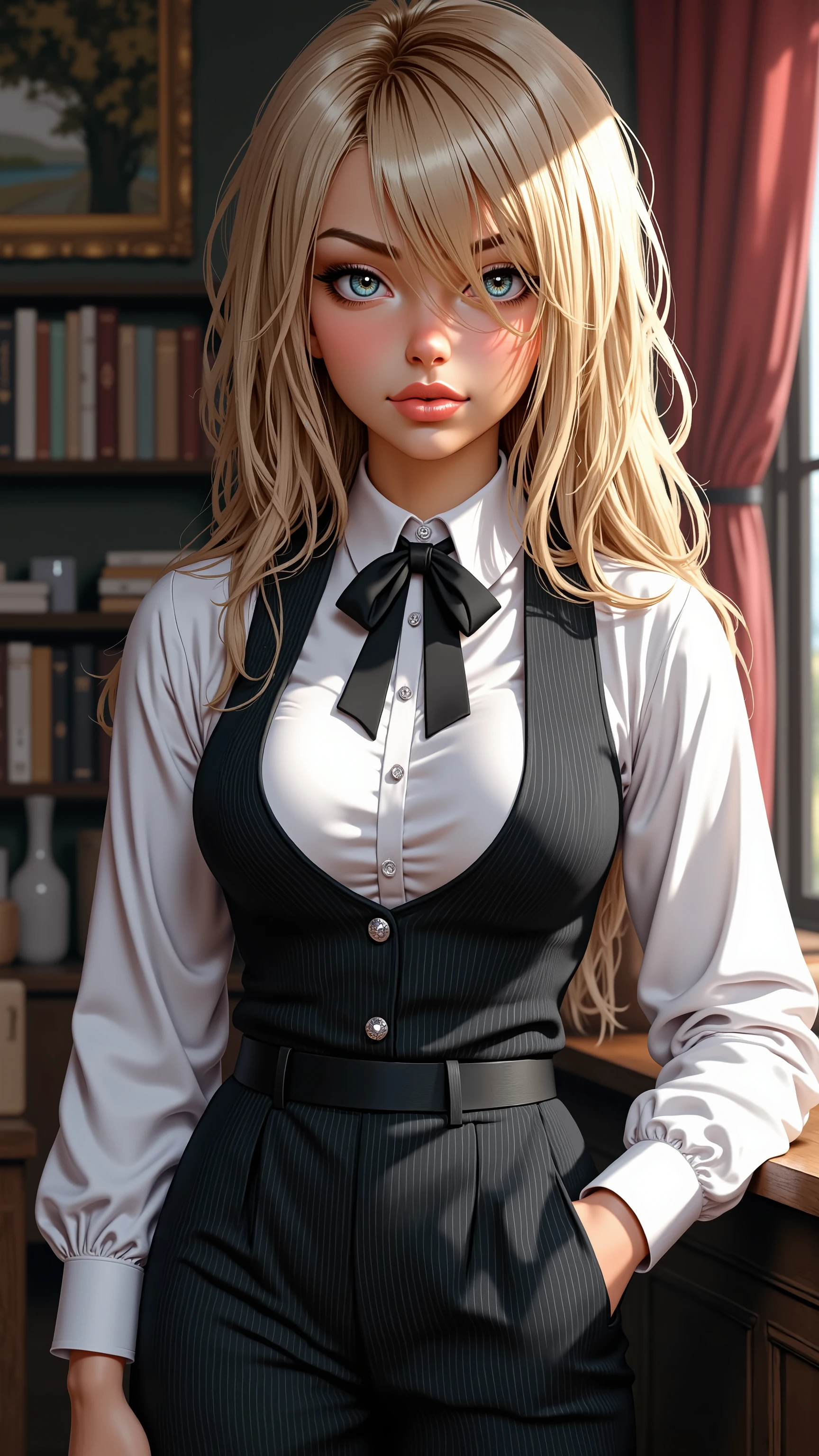 16k, high detailed picture, realistic style, masterpiece, very young girl, perfect breasts, disheveled hair, full body shot, rounded face, shy, snub nose, a long strand of bangs hangs between her right eye, light blue eyes, big eyes, hair over one eye, light hair, long hair, (sexy outfit, tight outfit, bursting breasts, tight-fitting trousers, long-sleeved white shirt, bowtie, tight-fitting vest, gigola, open shirt)