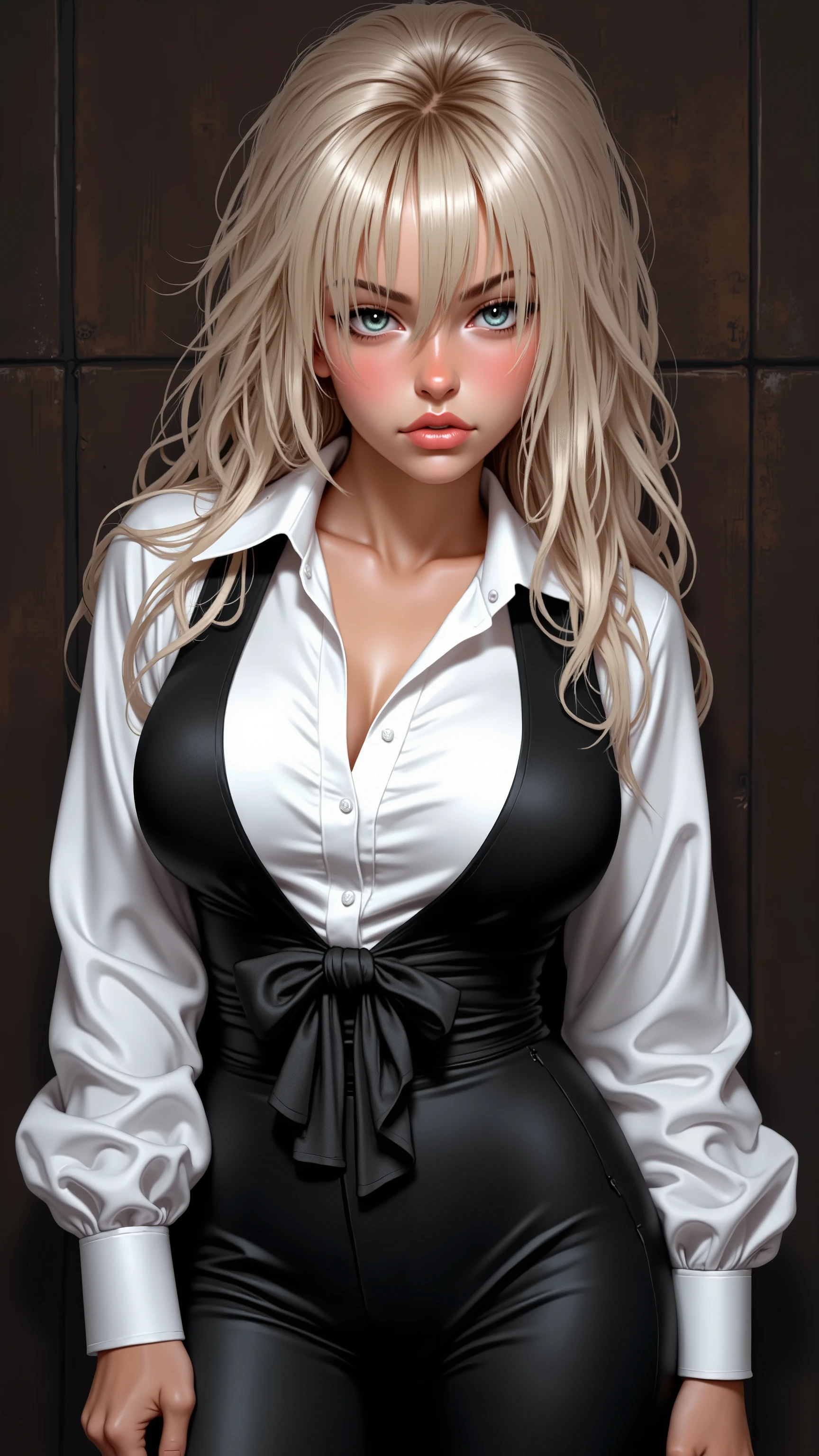 16k, high detailed picture, realistic style, masterpiece, very young girl, perfect breasts, disheveled hair, full body shot, rounded face, shy, snub nose, a long strand of bangs hangs between her right eye, light blue eyes, big eyes, hair over one eye, light hair, long hair, (sexy outfit, tight outfit, bursting breasts, tight-fitting trousers, long-sleeved white shirt, bowtie, tight-fitting vest, gigola, open shirt)