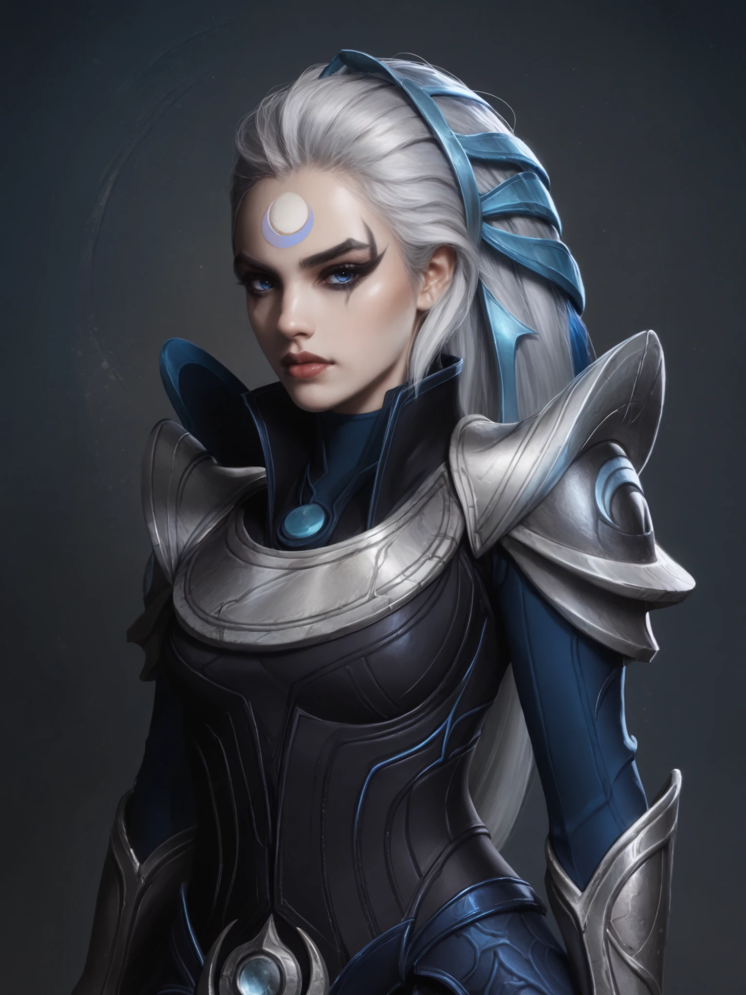 Highly detailed, stylized digital illustration, Diana, league of legends, goth girl, long silver hair, blue eyes, dark armor with silver and blue details, crescent-shaped shoulder pads and greaves, neutral background, front view, upper body illustration.