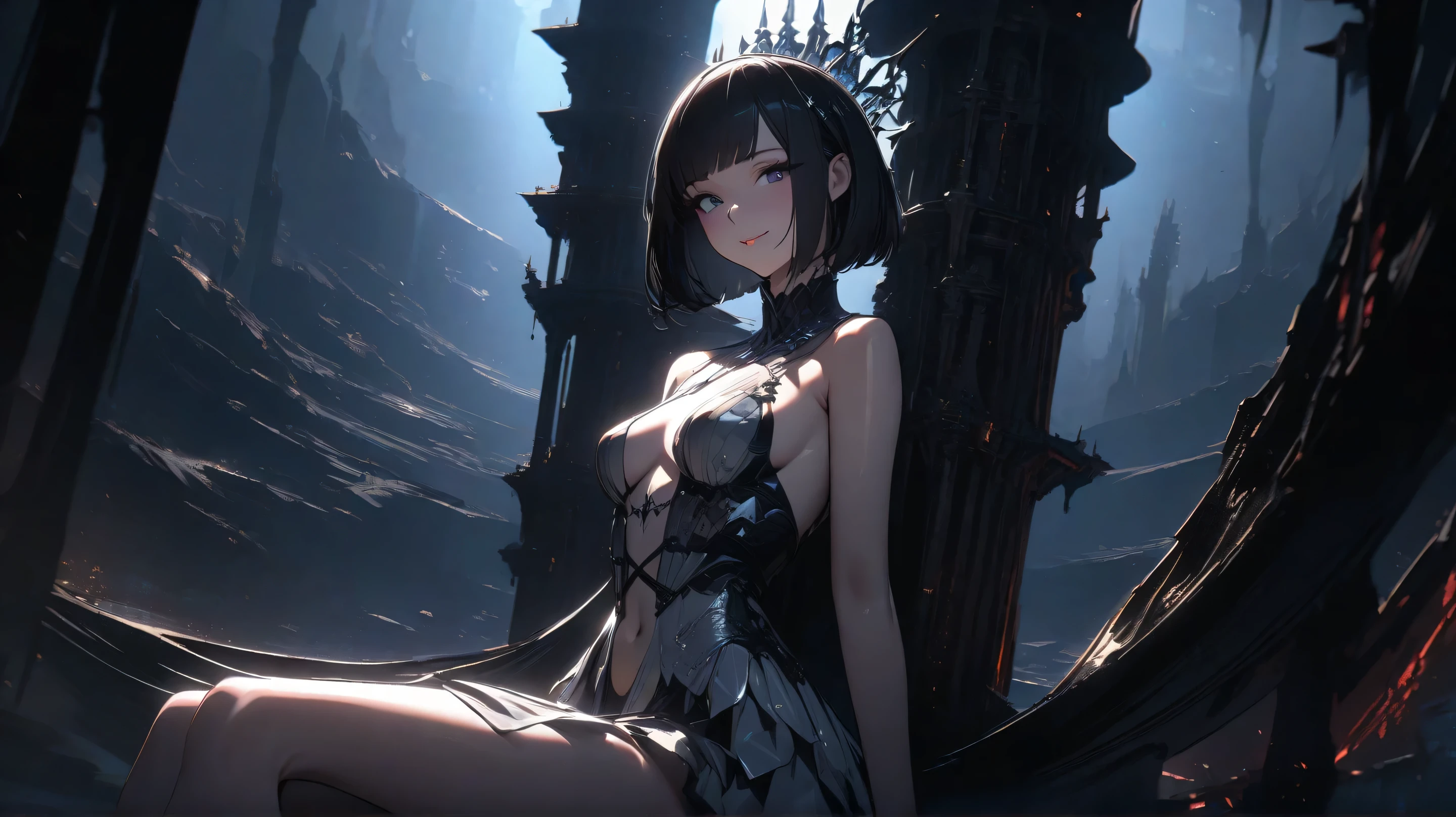 Masterpiece,Max Quality, super fine,1girl, solo,16k,extremely detailed,beautiful woman Sitting at the top of a very tall tower,Depict from the waist up,Shiny night queen outfits,medium breast,blunt bob straight black hair,gentle smile,Shiny Lips,Precise Eye,Beautiful skin,captivating look,Beautiful woman with long light,night,darkness,dark fantasy ,backlight,Cinematic Lighting,delicate depiction,Wicked Landscape gradient background,Melancholic,spectacular scenery,magnificent view