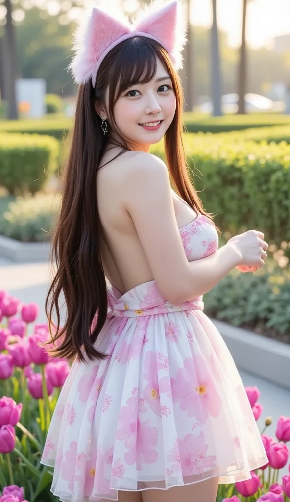(masterpiece:1.2, highest quality, Ultra-high resolution, Super detailed), (Realistic, photoRealistic:1.4), Beautiful illustrations, (Natural Side Lighting, Cinema Lighting), 
View your viewers, 1 girl, Japanese, Perfect Face, (Perfect Anatomy), Cute and symmetrical face, Shiny skin, thin, 
(Long Hair, (low-tied Long Hair:1.5), Black Hair), Hair between the eyes, flowing bangs, Brown eyes, Droopy eyes, Big eyes, Long Eyelashes, (Huge breasts), 
Beautiful Hair, Beautiful Face, Beautiful fine details, Beautiful clavicle, Beautiful body, Beautiful breasts, Beautiful thighs, Beautiful feet, 
((Light purple and pink floral dress)), 
(Beautiful views), Depth of written boundary, morning, (garden), Are standing, (Cute smile, Upward glance, Open your mouth),