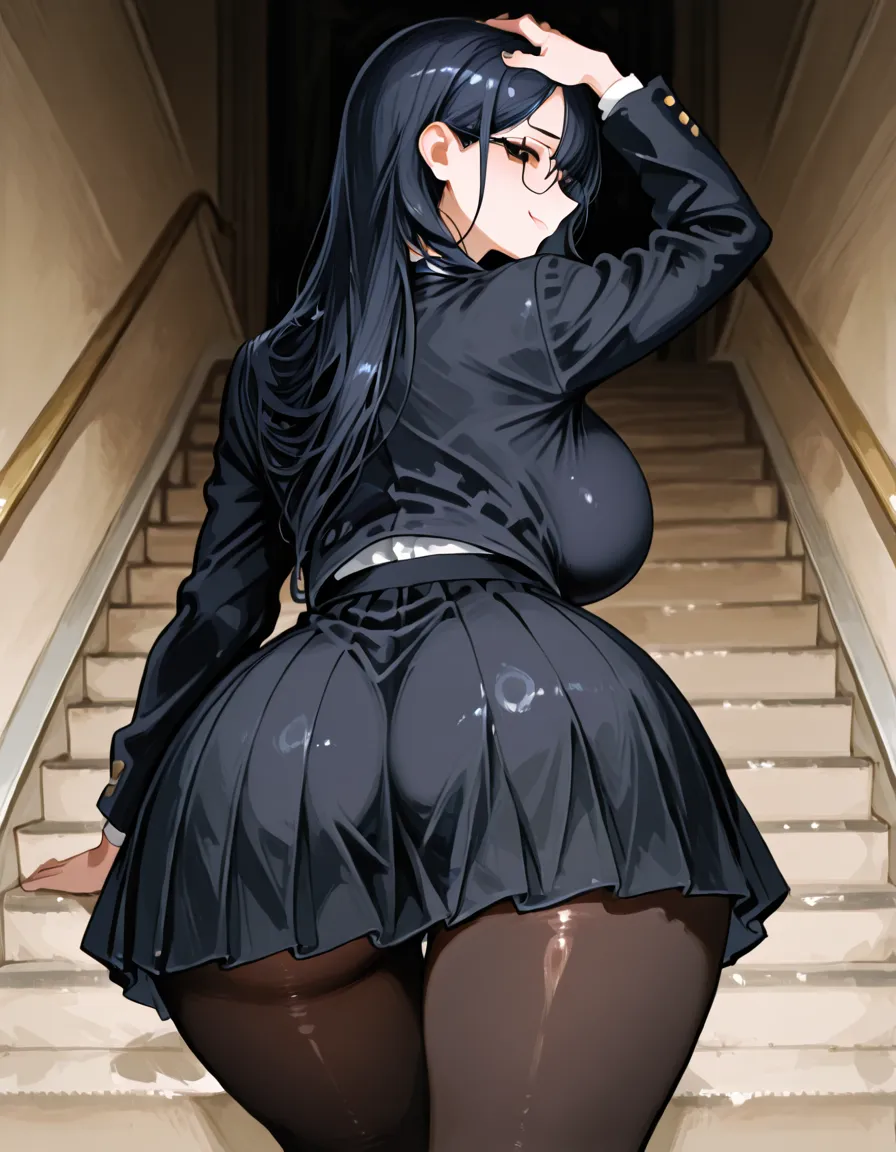 1990s, (masterpiece), high-definition, detailed face, cute girl, perfect body, (big tits: 1.4) big hips, round ass, (black hair with dark purple highlights: 1.4), (tight grey t-shirt: 1.4), (black jacket: 1.4), (purple tight skirt: 1.3), belt, (black thong: 1.2), thigh high stockings, boots, fishnet, pin-up pose, balcony