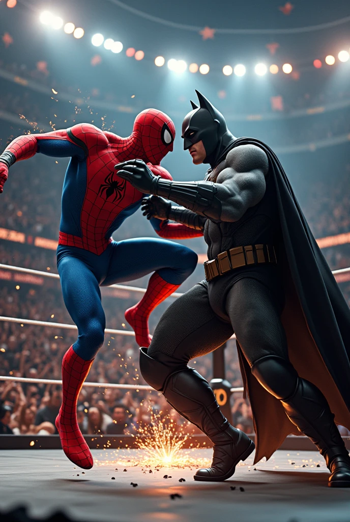 Spider-Man and Batman are face to face make it realistically and place in the ring with many people