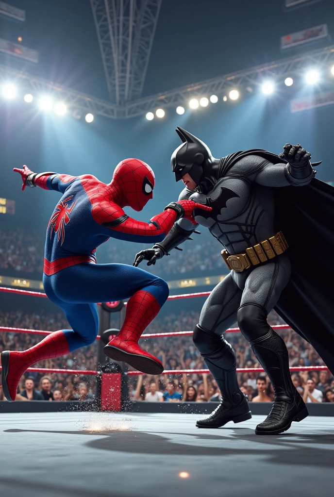 The Opening Moves:

Prompt: "A dimly lit underground boxing ring in Gotham City, surrounded by an excited crowd. Spider-Man in his red and blue suit and Batman in his black armor face off. Spider-Man is darting around the ring with rapid movements, throwing quick jabs. Batman is in a defensive stance, ready to counterattack. The scene is filled with dramatic lighting and shadows."