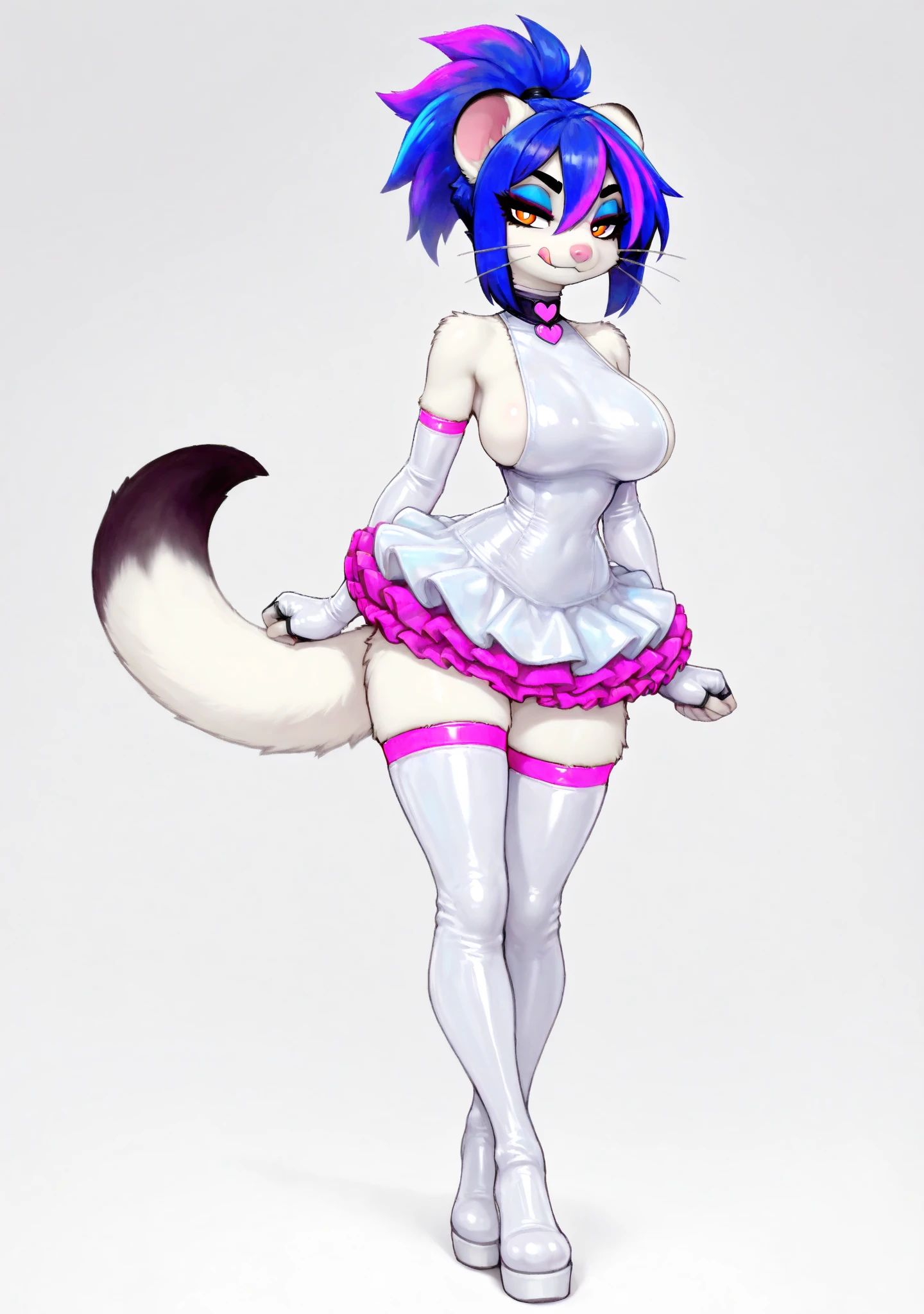 vibrant colors, 8K, high resolution, highly detailed, masterpiece, ((my little pony)), (black striped white hair), (pale white body), (gray eyes), standing, big breasts, beautiful body, purple lips, thong, slave, short patterned skirt, light top, ((slut pose))