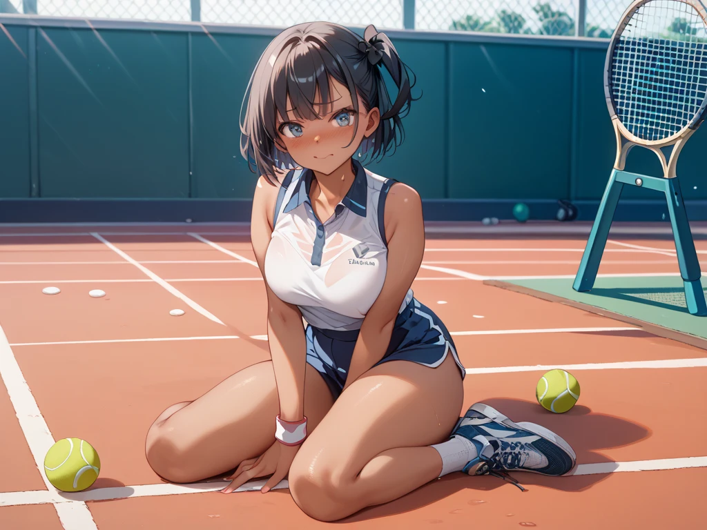 best quality,ultra-detailed,high resolution,extremely detailed CG,perfect anatomy,detailed,cinematic lighting,beautiful detailed eyes,ultra high res,(1girl),18years old,gleaming skin,oil skin,sweat,humid,trembling,strong light coming in,spot lighting,bright,revealing,nose blush,(shamefull:1.2), surprised, (embarrassed,blush:1.3),nsfw,(ecstasy:1.3) ,(slut:1.2),(vulgarity:1.3),(fucked silly:1.1),(steam:1.1),(wet:0.8),(trembling:0.8),(tears:0.7) ,(drooling:0.6),(sweat:0.8),(nsfw:1.2),(Tennis uniform:1.2),(Young:1.2),Japanese,(Tennis court:1.2),large breasts,(Random Hairstyles:1.2),Bold Pose,(full body:1.2),skirt,(Sheer tops:1.5),Shyness,(lure:1.5),(Smile:1.3),Close your mouth