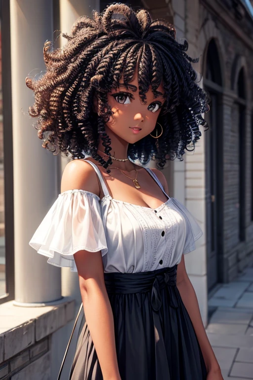 A girl with brown skin with curly hair up to her neck