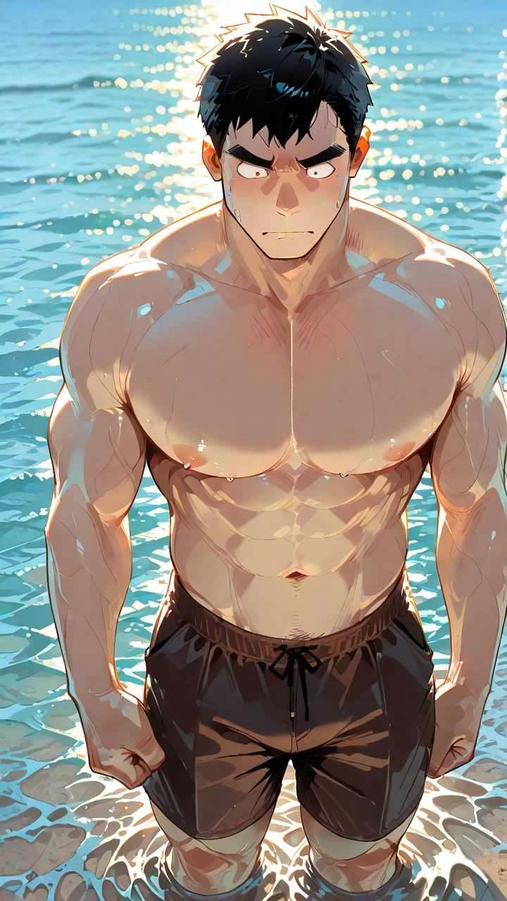Top quality, Photorealistic, 8K, High definition, Unity 8k wallpaper, A high resolution, ultrasharp, Masterpiece, ((Masterpiece)), Best quality, Intricate details, Expressive eyes, Perfect face, Detailed face, Carefully open your eyes, Detailed eyes, Highly detailed and delicate figure art, Ultra-realistic, Detailed body, Detailed pectorals, ((Male focus)), Detailed muscles, From Boku Hero Academy,Katsuki Bakugo, swimming pool, wet skin,red eyes, huge bulge, with wet skin, big legs, wearing white bikini