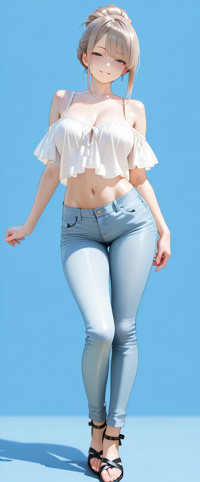 (highest image quality:1.35), high quality, Realistic photo, (A beautiful woman:1.33), beautiful expression, (delicate eyes:1.3), (delicate face:1.3 ), Smile, (slick hair:1.2), Super detailed , high resolution, athletic figure, (big breasts:1.25), (long hair:1.2), (beautiful woman), ( Cute navel:1.2), (Depth of field f/1.8:1.45 ), sharp focus, original photo , (Thin white shirt:1.45), (Thin white pants:1.4), (Thin white tight pants: 1.4 ), (Thick thighs:1.5), (Forward:1.25), (cowboy photo: 1.4), (Night sports:1.4), (dark sky:1.5 ),