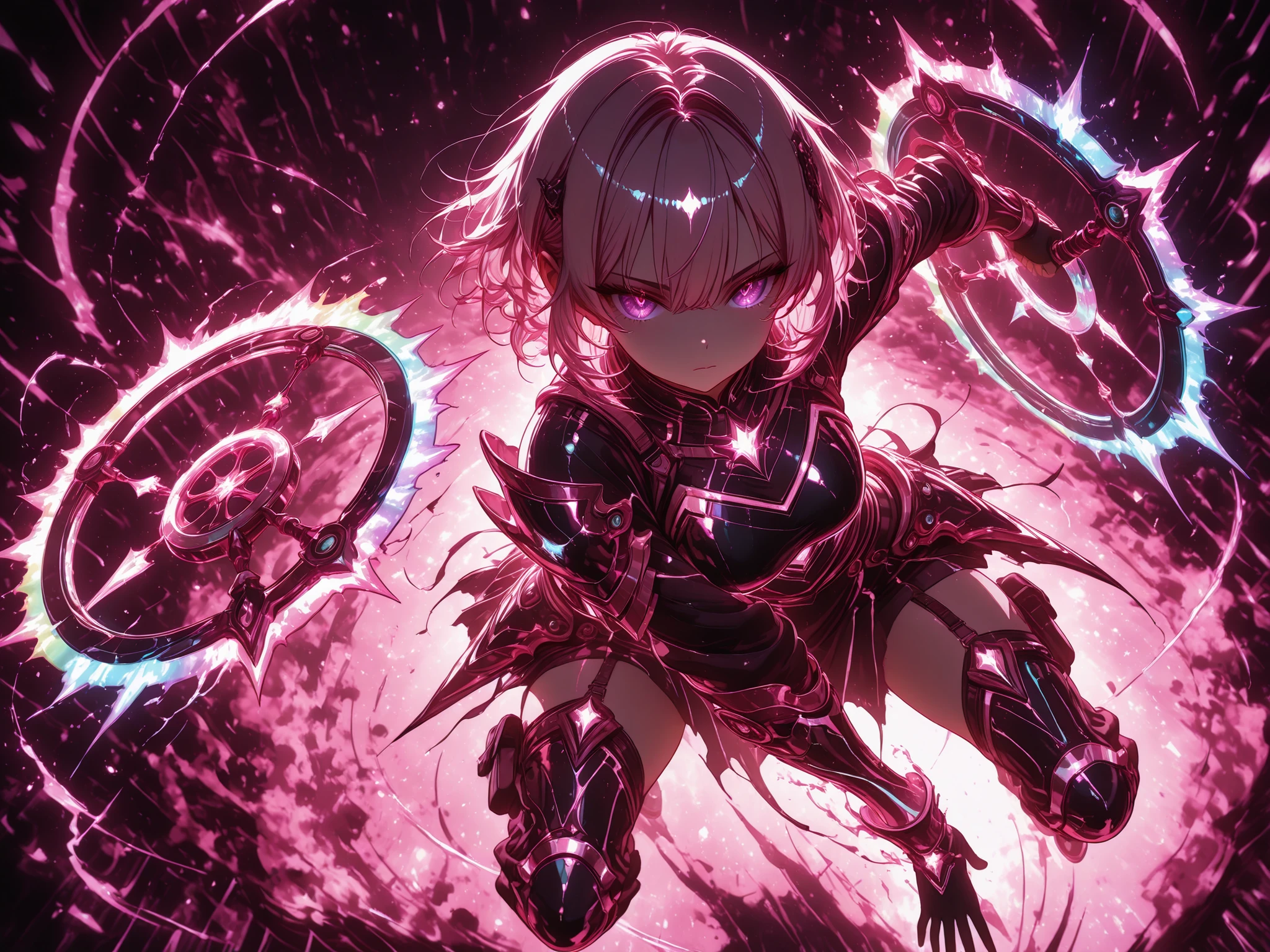 neon art, neon lineart, colorful neon lineart, neon silhouette, silhouette, neon colors, glowing, glow effect, bright outlines, vibrant colors, high contrast, dark background, digital art, 1 girl, violet eyes, light pink hair, short hair, cool, beautiful, medium breast, very cute, lovely, kawaii,
, attire is a mix of tactical combat gear and ornate embellishments, featuring pink, hints of silver, intricate details of her armor-rivets, layered plating, and faintly glowing circuits-are visible even in the dim light, assassin aura, hitwoman, solo, emotionless eyes, bored, looking at viewer, (dynamic pose), (weapon pose, fighting stance), holding weapon, holding two ((chakram, windfire wheels)), (rainbow blade), fighting against monsters, fantasy monster, dream monster, dream world, fantasy world, (((dark, pink, black))), full body