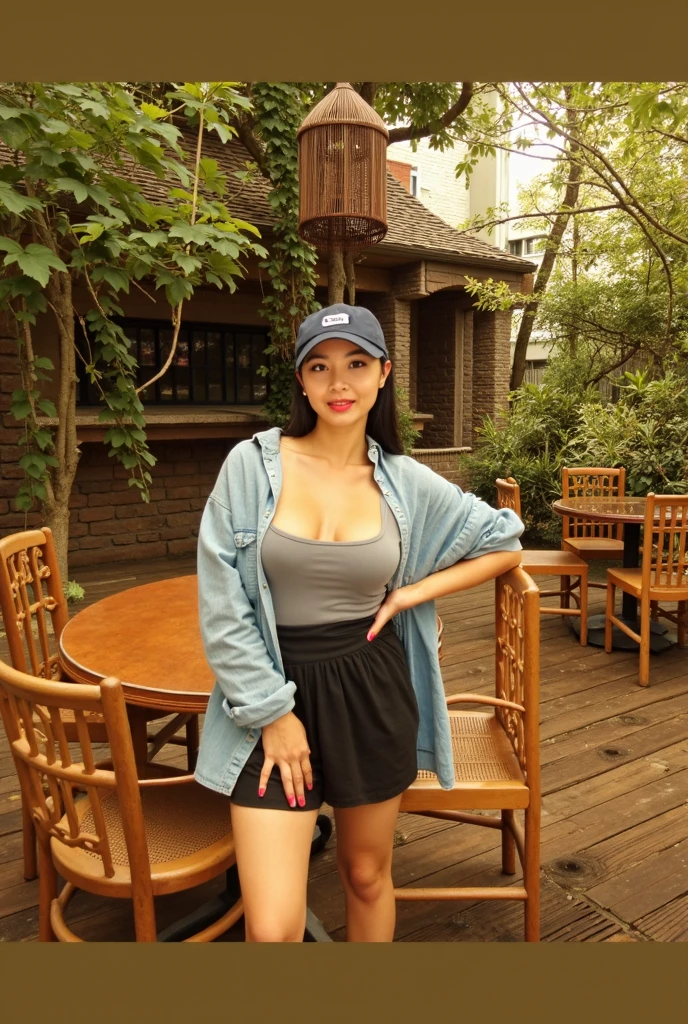 thea, portrait of a charismatic girl with standing in a residence with fancy park, shady trees and green grass creates a cool and comfortable atmosphere in the summer, straight long hair, natural skin, huge breasts, curvy, plump, wearing a tanktop, ribbed shorts, standing, casual pose, <lora:C_thea_v2a_realistic:0.75> bereaction, <lora:BEReaction:0.7> <lora:weight_slider_v2:0.35>