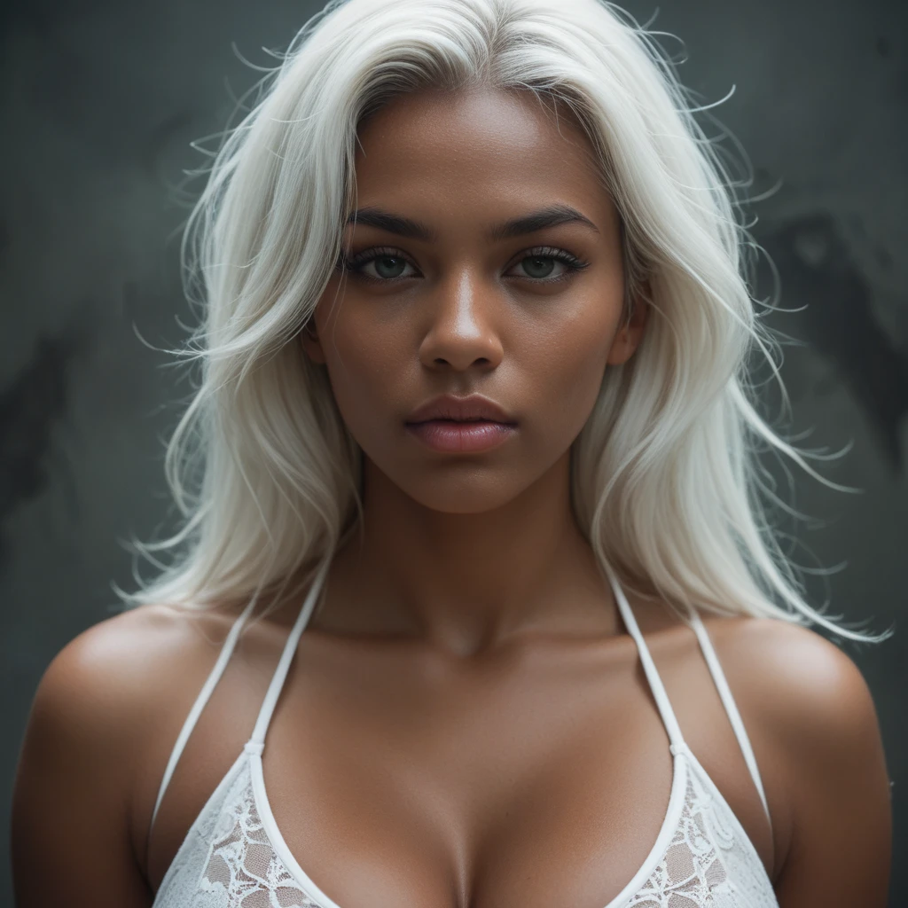 solo full shot of an attractive ((brown skin young woman ))she is beautiful and petite wearing a ((messy bun hairstyle)) a white satin bralette and ((lavender satin mini shorts )) ((lifelike skin texture)) ((very detailed image )) she has a petite figure ((stunning eyes and a sharp nose)) a perfect ((blonde white hair))UHD, a Masterpiece,Realistic textures,(( hyper-realistic)), 8k, photorealistic, XT3 grain,Fujifilm((ines c dos santos)) lounging in a white bedroom