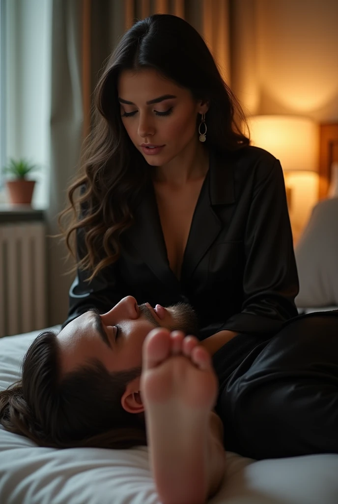 •	(An Indian cuckold husband is lying on his back underneath his beautiful indian wife, holding her thighs with both his hands in a luxurious hotel room :1.2). (His wife, clad in a lacy lingerie, is (((straddling him, kneeling above him, looking down at her husband, spreading her legs wide))) :1.2). Her hands are firmly gripping the sheets, holding onto them for dear life as she gets licked by her husband underneath her