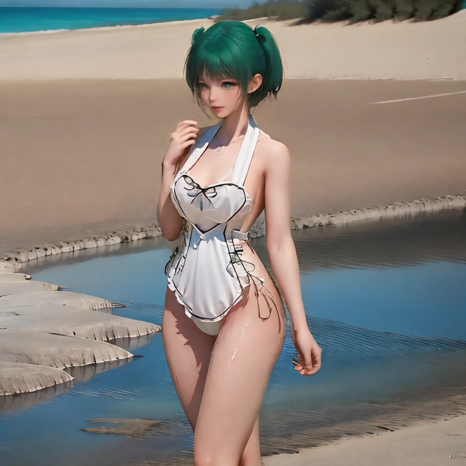 (Masterpiece, Excellent, 1girl, solo, complex details, color difference), realism, ((medium breath)), off-the-shoulders, love finger, sexy, realistic, blue hair, blue headdress, blue highlight, hair above one eye, blue eyes, earrings, sharp eyes, perfectly symmetrical figure, choker, neon shirt, beach, looking at the audience, ((mean, seductive, charming)), ((blue beach background )))