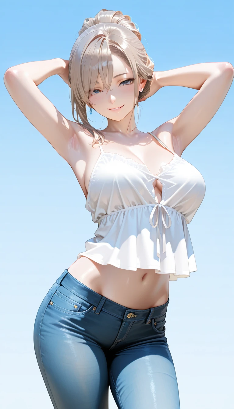 (hyperrealistic), (illustration), (high resolution), (8K), (extremely detailed), (best illustration), (beautiful detailed eyes), (best quality), (super detailed), (masterpiece), (wallpaper), (detailed face), solo, (dynamic pose), 1girl, white off-the-shoulder shirt with sexy super short yoga pants, bare shoulders, blooming flower field, glowing skin, light smile, camel toe, (no panties), (no bra)