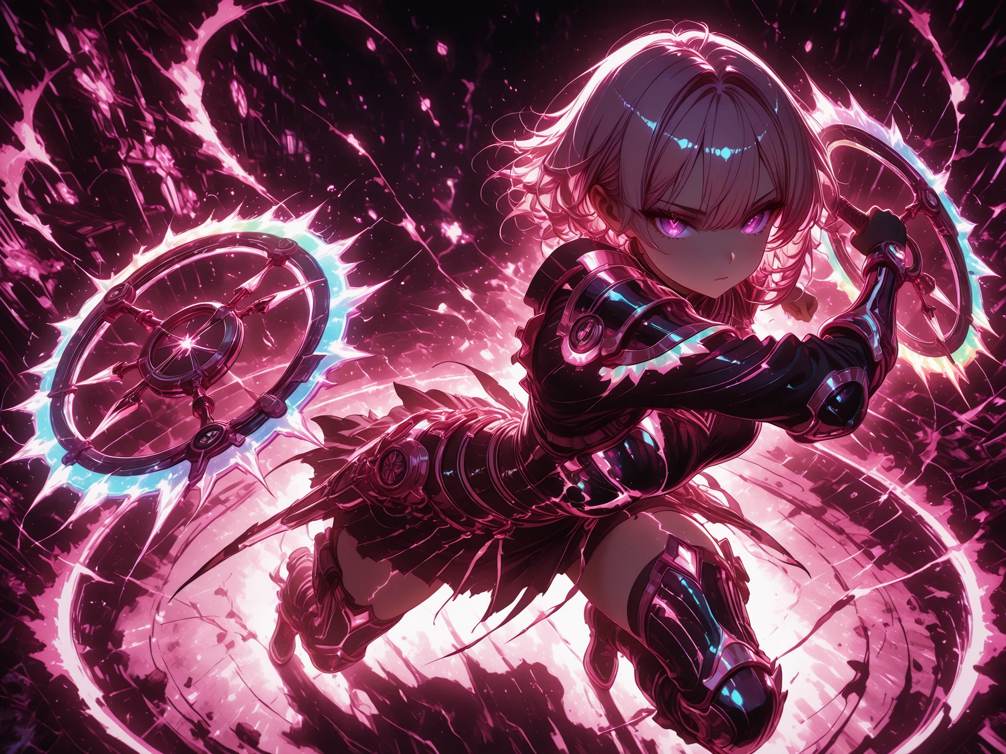 neon art, neon lineart, colorful neon lineart, neon silhouette, silhouette, neon colors, glowing, glow effect, bright outlines, vibrant colors, high contrast, dark background, digital art, 1 girl, violet eyes, light pink hair, short hair, cool, beautiful, medium breast, very cute, lovely, kawaii,
, attire is a mix of tactical combat gear and ornate embellishments, featuring pink, hints of silver, intricate details of her armor-rivets, layered plating, and faintly glowing circuits-are visible even in the dim light, assassin aura, hitwoman, solo, emotionless eyes, bored, looking at viewer, (dynamic pose), (weapon pose, fighting stance), holding weapon, holding two ((chakram, windfire wheels)), (rainbow blade), fighting against monsters, fantasy monster in the background, dream monster, dream world, fantasy world, (((dark, pink, black))), full body