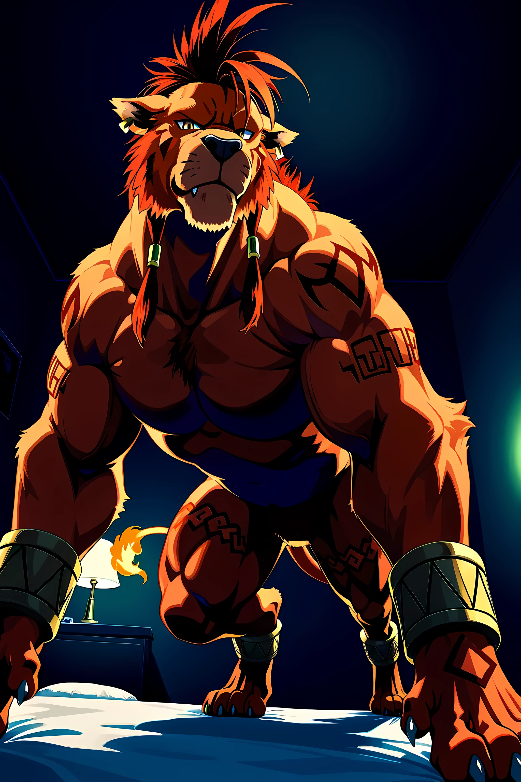 nanaki, red xiii, (very muscular feral), (feral), male, solo, dog, paws, cel shaded, (muscular, pectorals, buff), dark background, dim room, intense shading, glow, (low-angle shot, from below), posing on bed, dim room, indoors, looking at viewer, looming above viewer, long neck, muscular neck,