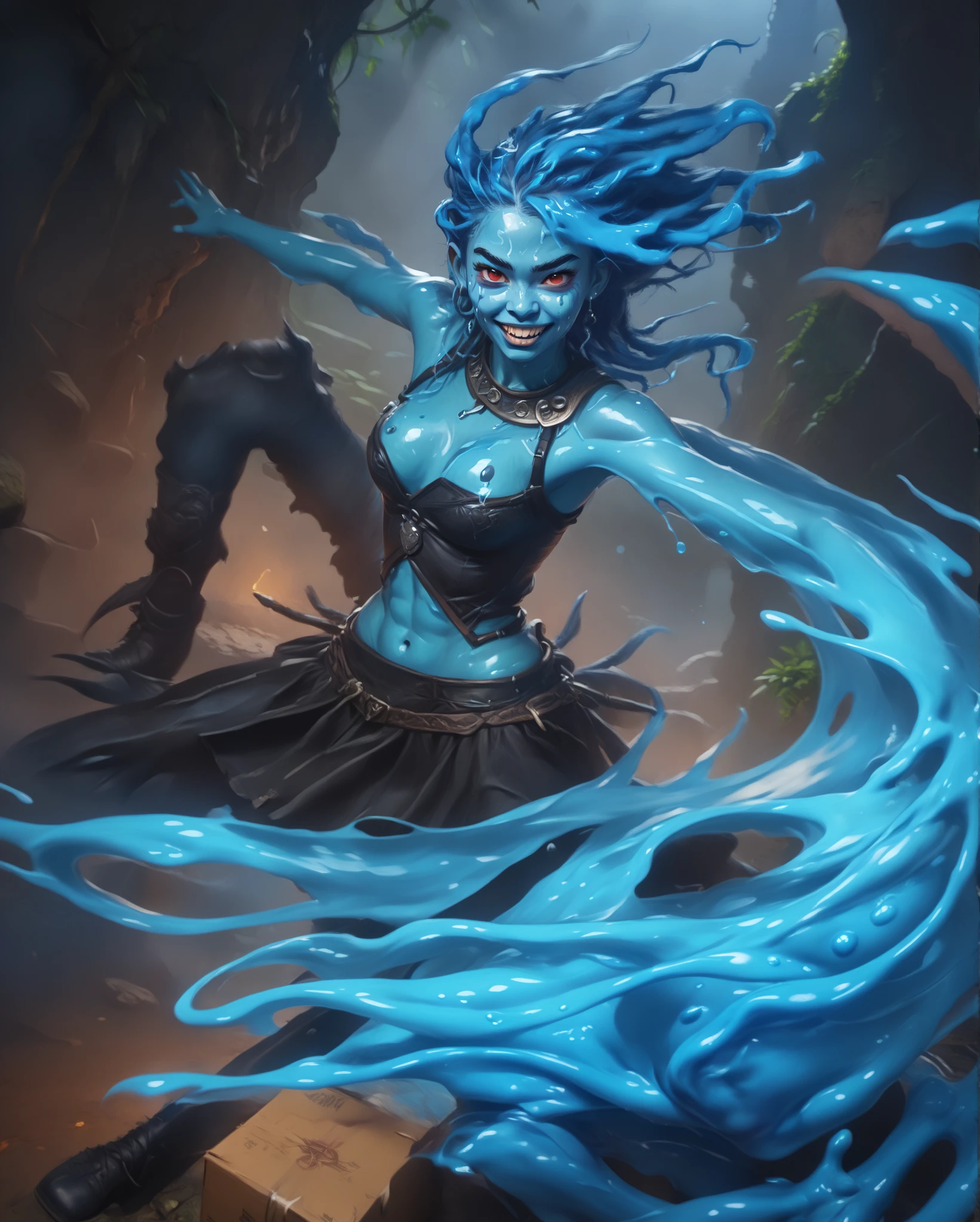Friendly expression. Slender body. Blue shiny skin. Cute 18-year-old Aztec slimegirl with Asian red eyes and unnaturally sharp teeth and dripping dreadlocks. Dripping slime-body. She has a cute and beautiful face. She has a round and young face with a pointy chin. Her blue slime-body is athletic with abs. She wears all-black intricate latex dress with silver buttons. Background: medieval jungle ruins. Fighting pose against two warriors. Realistic lighting. DnD art-style. fake box art, semi-realistic, Looking at the viewer.