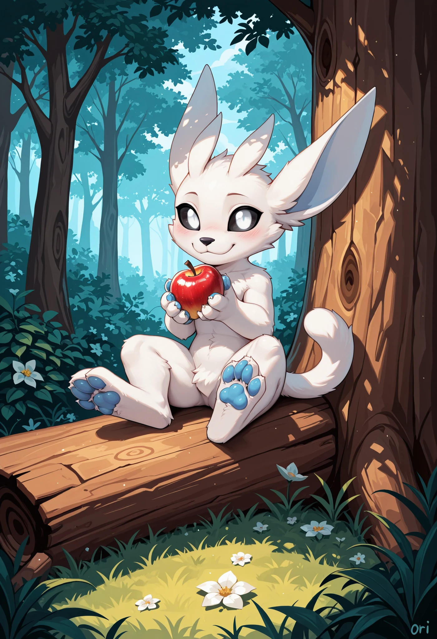 masterpiece, best quality, highres, very aesthetic, absurdres, newest, 1boy, solo, male, furry, ori_il, ori, tail, black sclera, white eyes, paws, feral, chibi, solo, blush, male focus, furry, sitting, looking at viewer, furry male, tree, 1boy, outdoors, pawpads, :3, closed mouth, body fur, tail, under tree, smile, plant, animal nose, happy, holding apple, white fur, blue pawpads, feets with three toes,