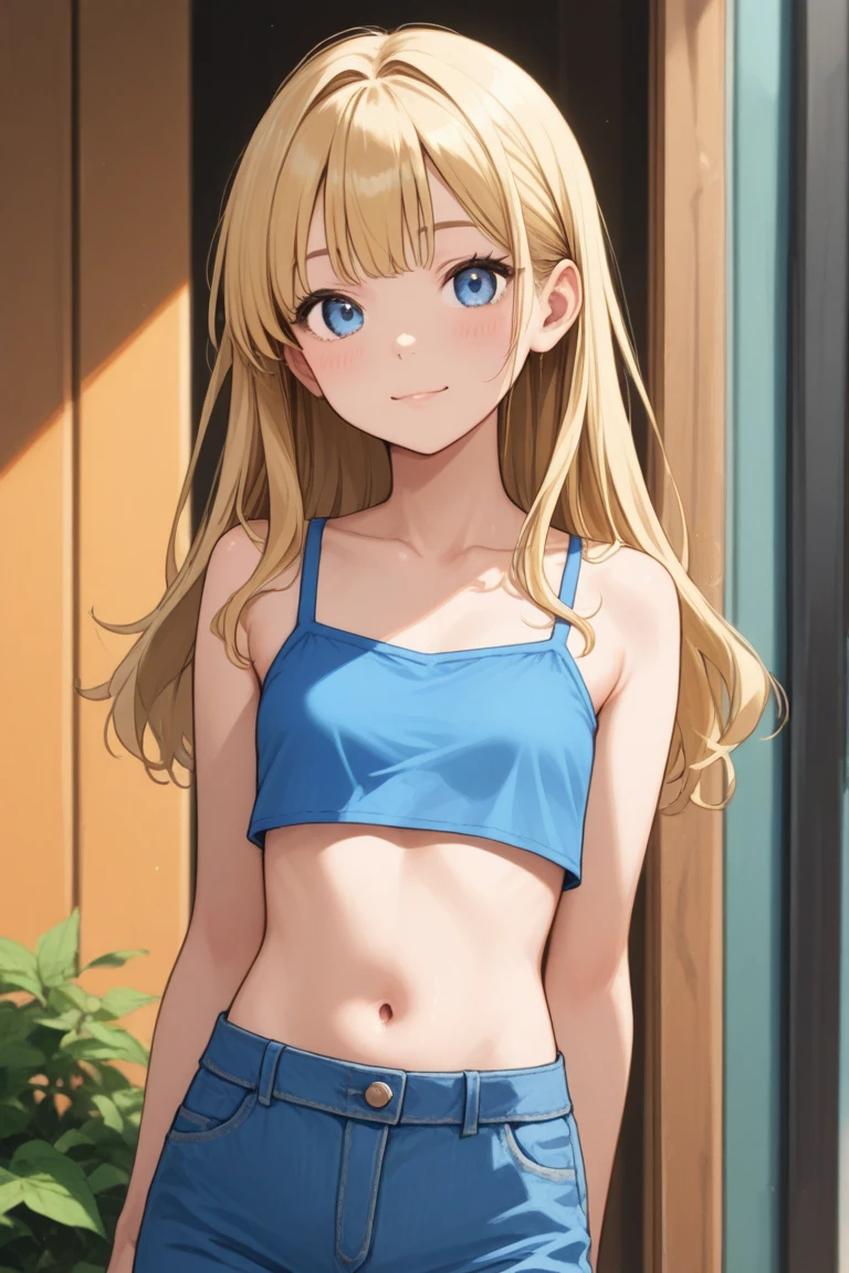 Very cute 12 year old girl、Tank top、Camisole、one piece、mini skirt、Long Hair、Slim body、Beautiful legs、Beautiful body、high resolution、8K、(smile)Natural Blonde Hair、Light blue eyes、目の中にピンク色のハート、Mid-chest、
