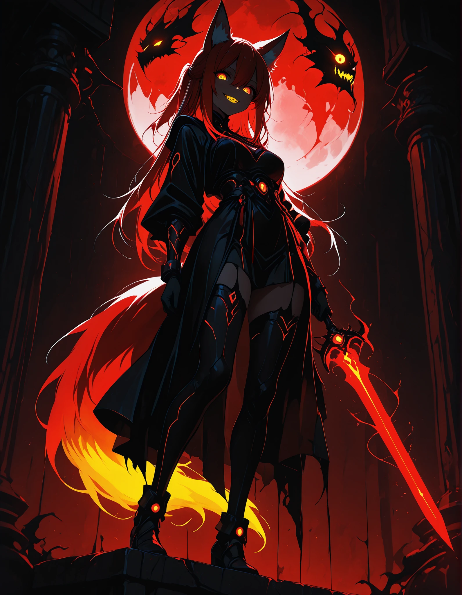 ,hauntedglow, glowing eyes,ethereal_glowing, neon_trim, shadow, backlighting, 1 woman , golden eyes , very long hair , long sidelocks, red hair ,half updo, petite , very cute , beautiful ,Straight hair, cool, handsome, hair between eyes, sexy, medium breasts cool, beautiful, fox girl, fox ears, fox tail, long hair, glowing hair, beautiful eyes, clear eyes, glowing eyes , beautiful face, cute face,dangerous smile, glowing teeth, full body, glowing tail (in red), standing, standing on pillar , glowing sword in hand, glowing full moon, view from below, looking at viewer
