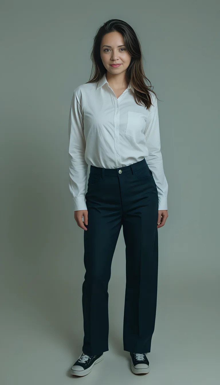 a woman in a white shirt and black pants posing for a picture, full body photograph, full body photgraph, portrait full body, frontal pose, full body picture, full-body-shot, centered full body shot, full - body - front - shot, full body and head shot, full body photogenic shot, mid body portrait, full body portrait shot