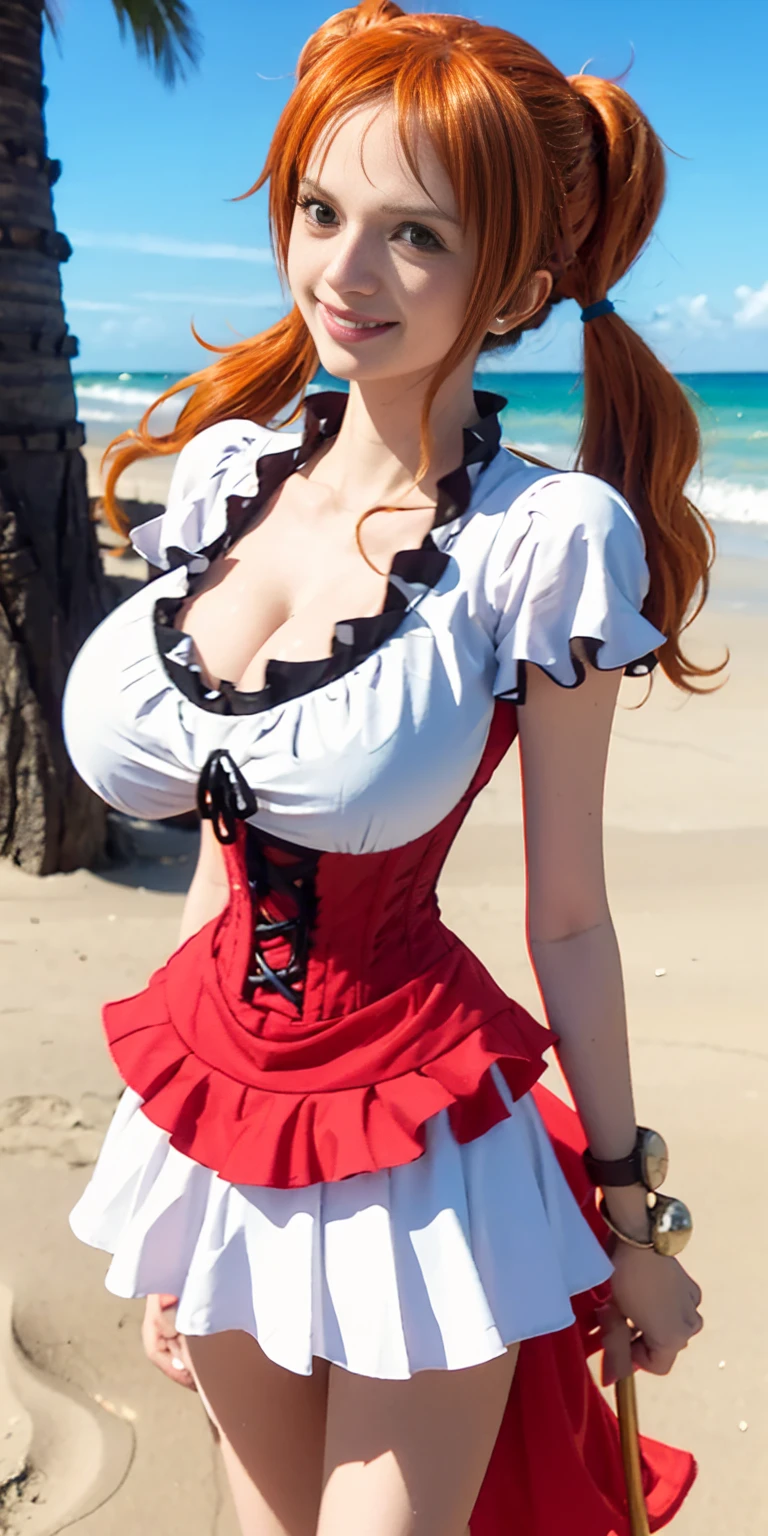 (masterpiece), best quality, expressive eyes, perfect face, front lighting, (standing on pirate ship at sea background), (posing), (seductive look), (cleavage view), (1girl, Nami, 18 years old, orange hair, long hair, braided ponytail hairstyle, brown eyes, hourglass figure, left shoulder tattoo, skinny body, thin body, petite_body, small breasts, wide hips, thick thighs), (white button frill blouse, short sleeve, strapless, croptop, exposed cleavage, leather pleated skirt, bandana headwrap),