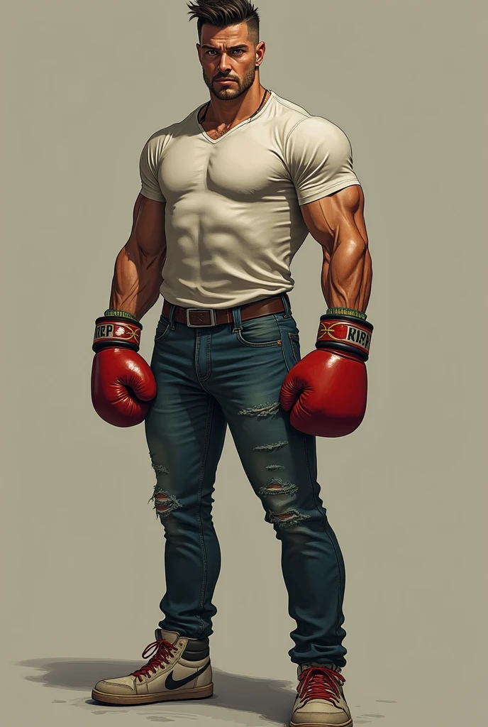 Un primer plano de un hombre rudo con tatuajes en el pecho y brazosas,en un gimnasio de boxeo,Chico guapo en el arte de Demon Slayer, Personaje masculino de anime, Arte detallado del personaje de anime, inspired by Itō Ogura Yonesuke, muscular character, Personaje de anime, Estilo anime masculino, Personaje de estilo anime, inspired by Munakata Shikō, Cuerpo completo del personaje, Arte digital de Danganronpa,alta calidad,muy detallado,pelo corto,ojos oscuros,mirada desafiante,cadenas,sin camisa,reloj,pulceras,tatuajes detallados por todo el cuerpo,