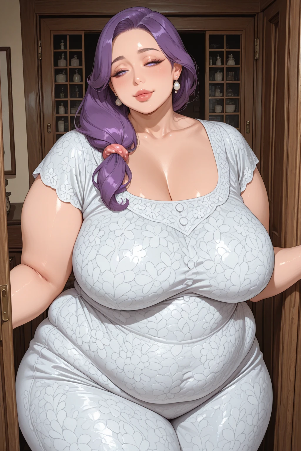 ((high aesthetic)), art by kipteitei, absurdres, absurd resolution, highly rated, highres, art by kipteitei, high resolution, best quality, masterpiece, full body, (facing viewer), 1girl, ((solo)), indoors, clothed, perfect face, perfect eyes, neneneji, tight outfit, smile, natural skin texture, 4k textures, hdr, intricate, highly detailed, puffy lips, thick lips, hyperdetailed, mature female, , NefertariViviOP_NDV, 1girl, blue hair, long hair, brown eyes, cleavage, jewelry, pink dress, skinny