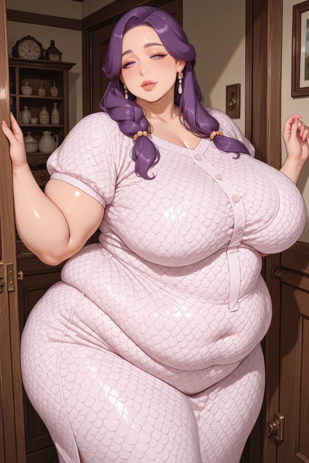 Anime Women, Lady、Forehead、Long braids down to the waist、Purple Hair、Glasses、Sharp eyes、Purple lips、Cobalt blue body、Cobalt blue skin、Are fat、Chubby、Voluptuous、obesity、Double chin、Thick neck、Big Breasts、Saggy breasts、Thick upper arms、Thick arms、thick fingers、Fat belly、Sagging belly、Thick legs、Big Ass、Brown clothes、Sweaty、Embarrassing、Side Shot