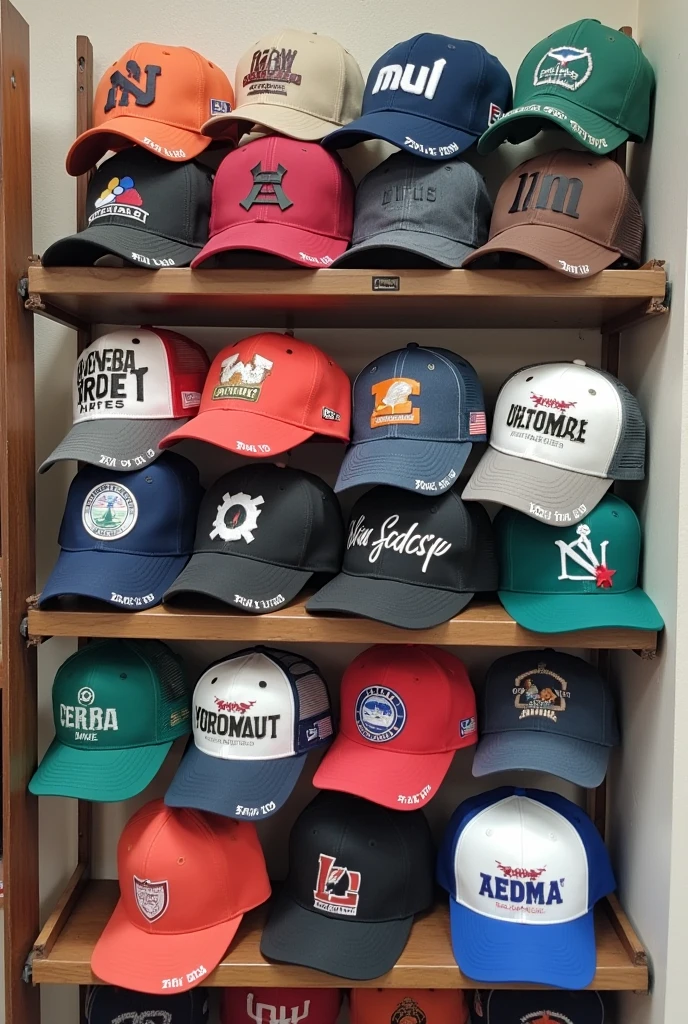 A photo with about 8 caps in a store, the name 'variedades duque' should be visible in the background of the store. No people should appear in the photo.
