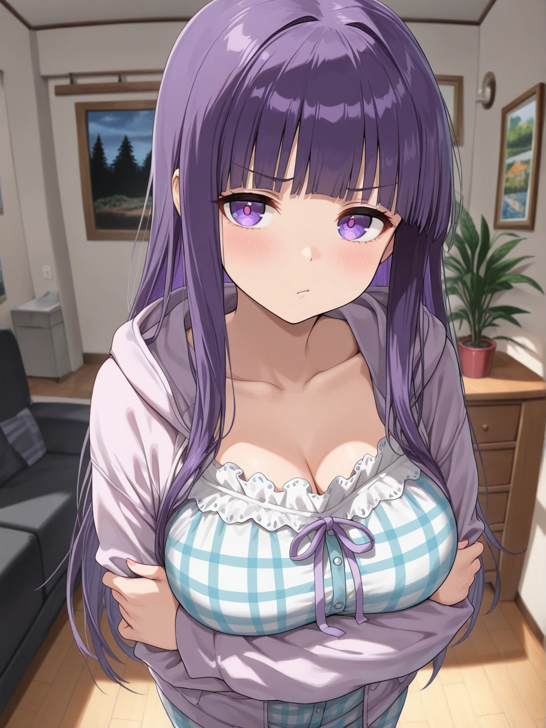 An ultra-high picture quality、best qualityer、in a house、Visible chest、Write。she tries to squeeze his genitals with her breastsgirl with purple hair)、 out。Maximum quality、smooth light