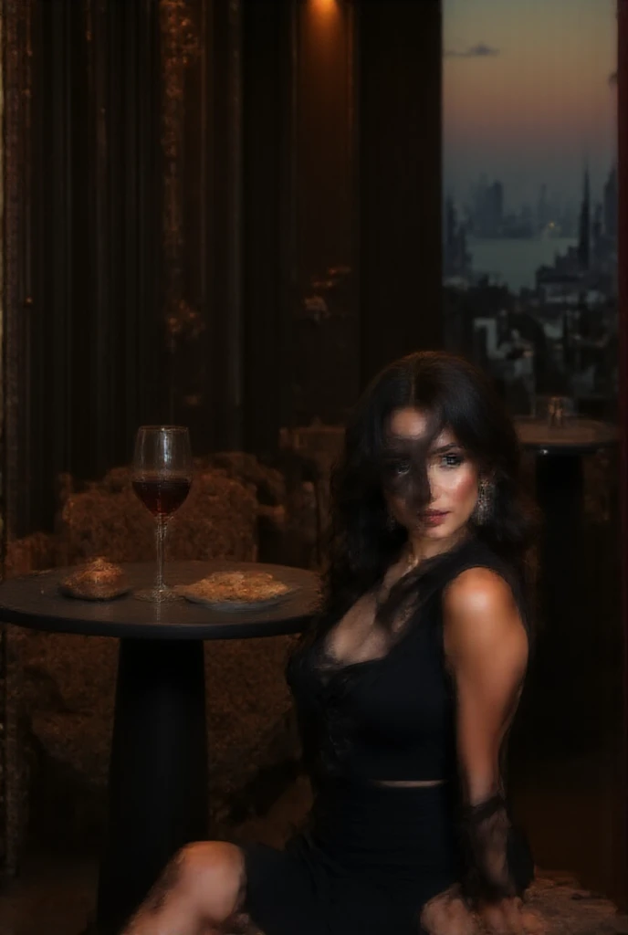 une fille russe brune yeux bleu, assise au restaurant devant un plat de pattes au truffes. expression tres joyeuse. photo tres lumineuse avec une lumiere diffuse