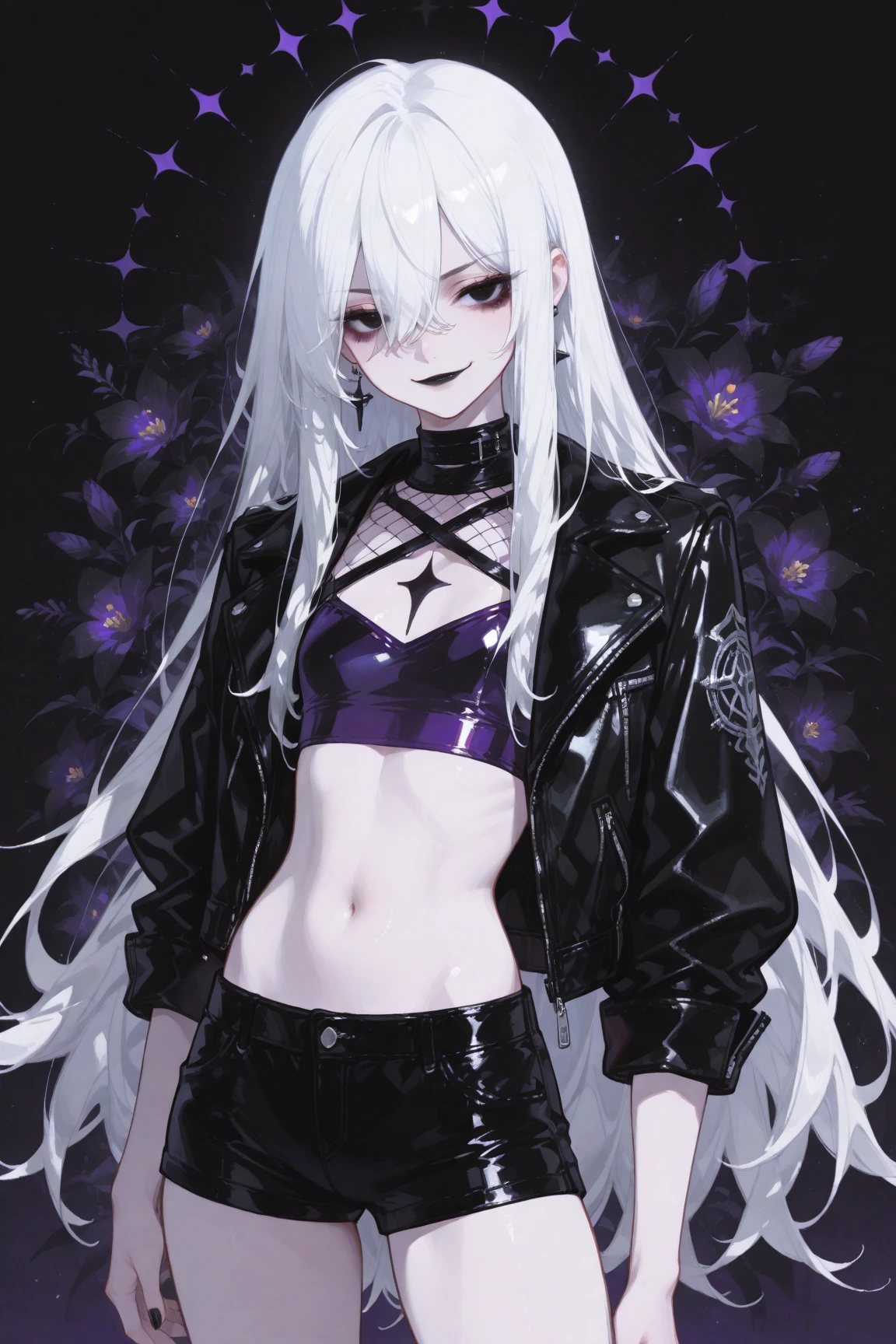 male BDSM-inspired character in the style of HoYoverse. He has short, sleek black hair with dark purple highlights and intense deep purple eyes. He wears a fitted black leather vest with intricate silver and dark purple embroidery, featuring multiple straps and buckles. Underneath, he has a tight, long-sleeved black shirt with mesh panels. His black leather pants have silver and purple detailing, including chains and buckles. He wears black combat boots with silver buckles and dark purple accents. Accessories include a black leather choker with a silver ring pendant, fingerless black leather gloves with silver studs and purple stitching, and a combination of silver and dark purple rings. He is equipped with a sleek black bullwhip with silver and purple accents, and a pair of sharp silver daggers with dark purple gemstones in the hilts. He has an ominous, ethereal aura with a dark, shadowy mist that flickers with purple light. His demeanor is dominant and enigm