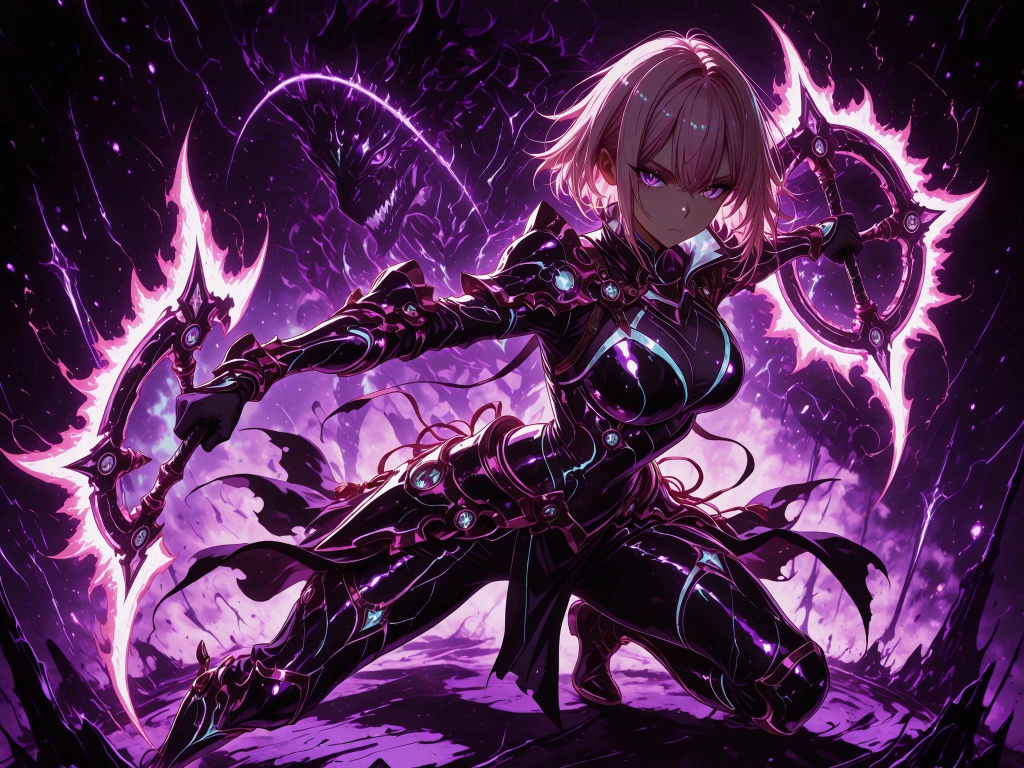 neon art, neon lineart, colorful neon lineart, neon silhouette, silhouette, neon colors, glowing, glow effect, bright outlines, vibrant colors, high contrast, dark background, digital art, 1 girl, violet eyes, light pink hair, short hair, cool, beautiful, medium breast, very cute, lovely, kawaii,
, attire is a mix of tactical combat gear and ornate embellishments, featuring pink, hints of silver, intricate details of her armor-rivets, layered plating, and faintly glowing circuits-are visible even in the dim light, assassin aura, hitwoman, solo, emotionless eyes, bored, looking at viewer, (dynamic pose), (weapon pose, fighting stance), holding weapon,(weapon pose, fighting stance), holding weapon, holding two ((chakram, windfire wheels)), (rainbow blade), fighting against shadow monsters, fantasy monster, dream monster, dream world, fantasy world, (((dark, purple, black))), full body