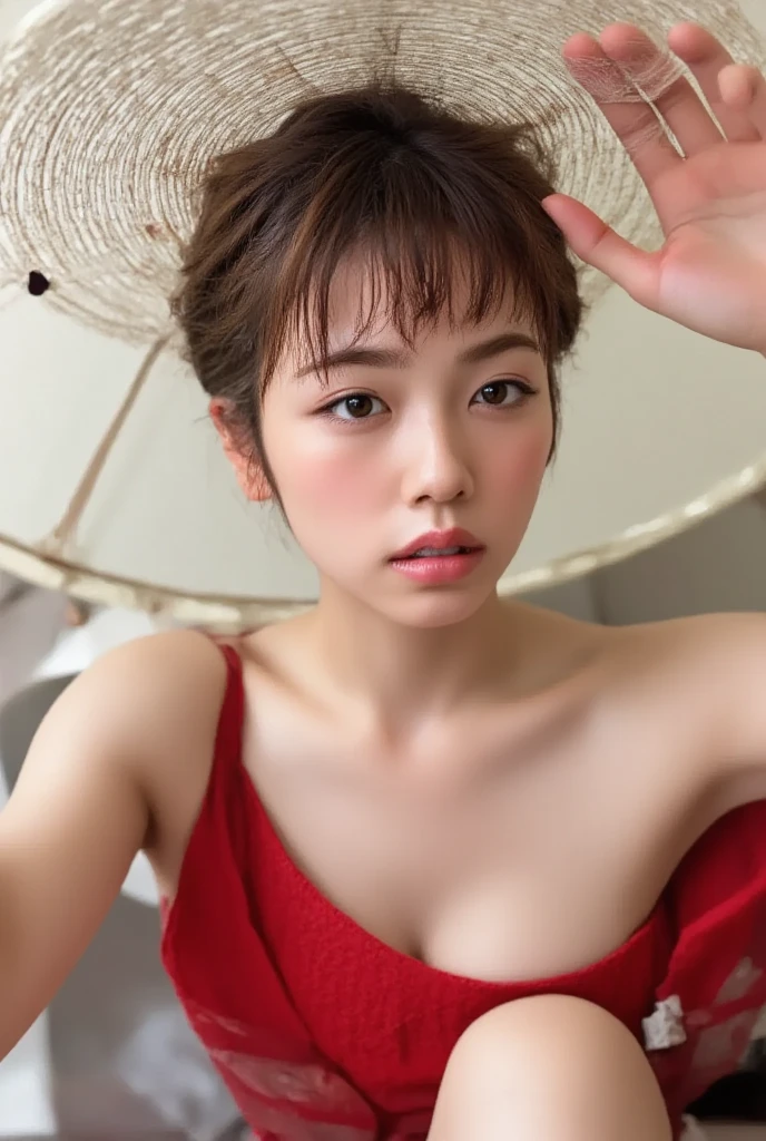 ((highest quality, 8k, masterpiece: 1.3)), 1 female, Japanese Mature,Sensual beauty: 1.3, (Hair style Brown hair Short waves, big: 1.2), Red Nightwear: 1.1, Super slender face, Delicate eyes, Saggy eyes,double eyelid, Dimples,Mole, Home,Plump body,very thick legs,Cowboy shot from above,
