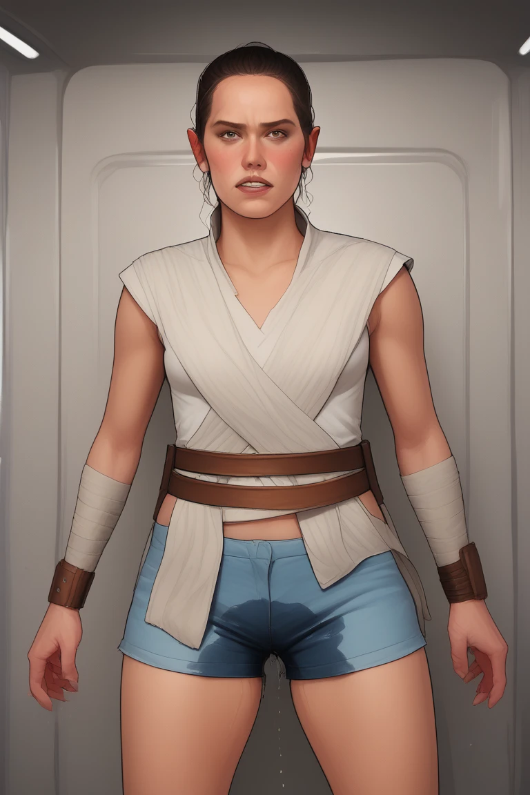 Daisy Ridley face, masterpiece 1.3, Ultrarealistic face, slim athletic physique, small flat breasts, round ass, cameltoe, sweaty body glistening skin, dirt covered around her body, shameful expression tears in her eyes, peed in her pants; "In a quiet corner of the Millennium Falcon, Rey huddles with her back against the wall, her eyes staring blankly ahead. The despair of her latest defeat is evident in her hollow expression."