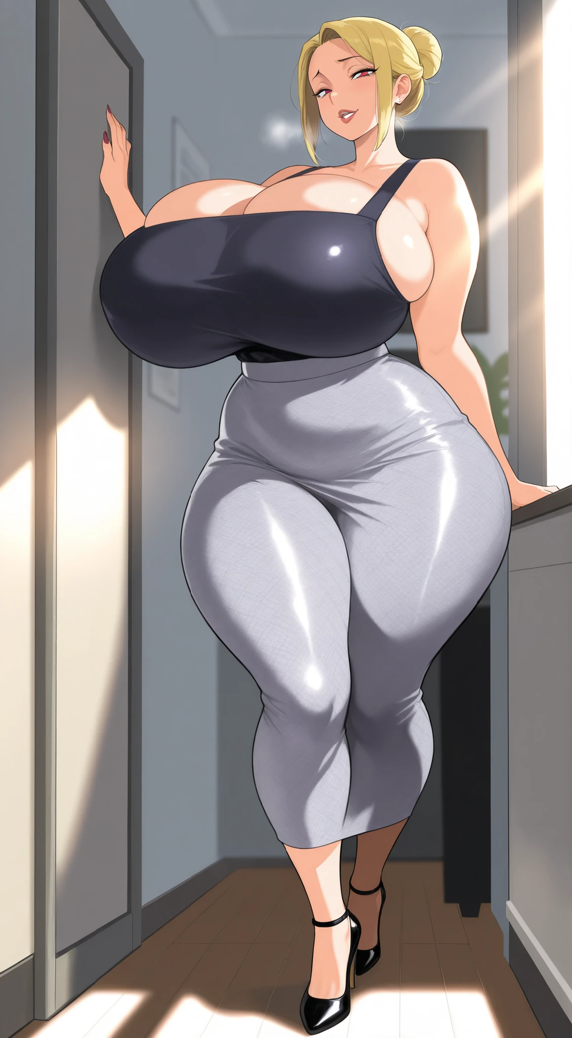 expressive eyes, perfect face, perfect eye,fishine,score_9, score_8_up,1girl, tired, smile,huge breast, standing, tight dress,thick legs