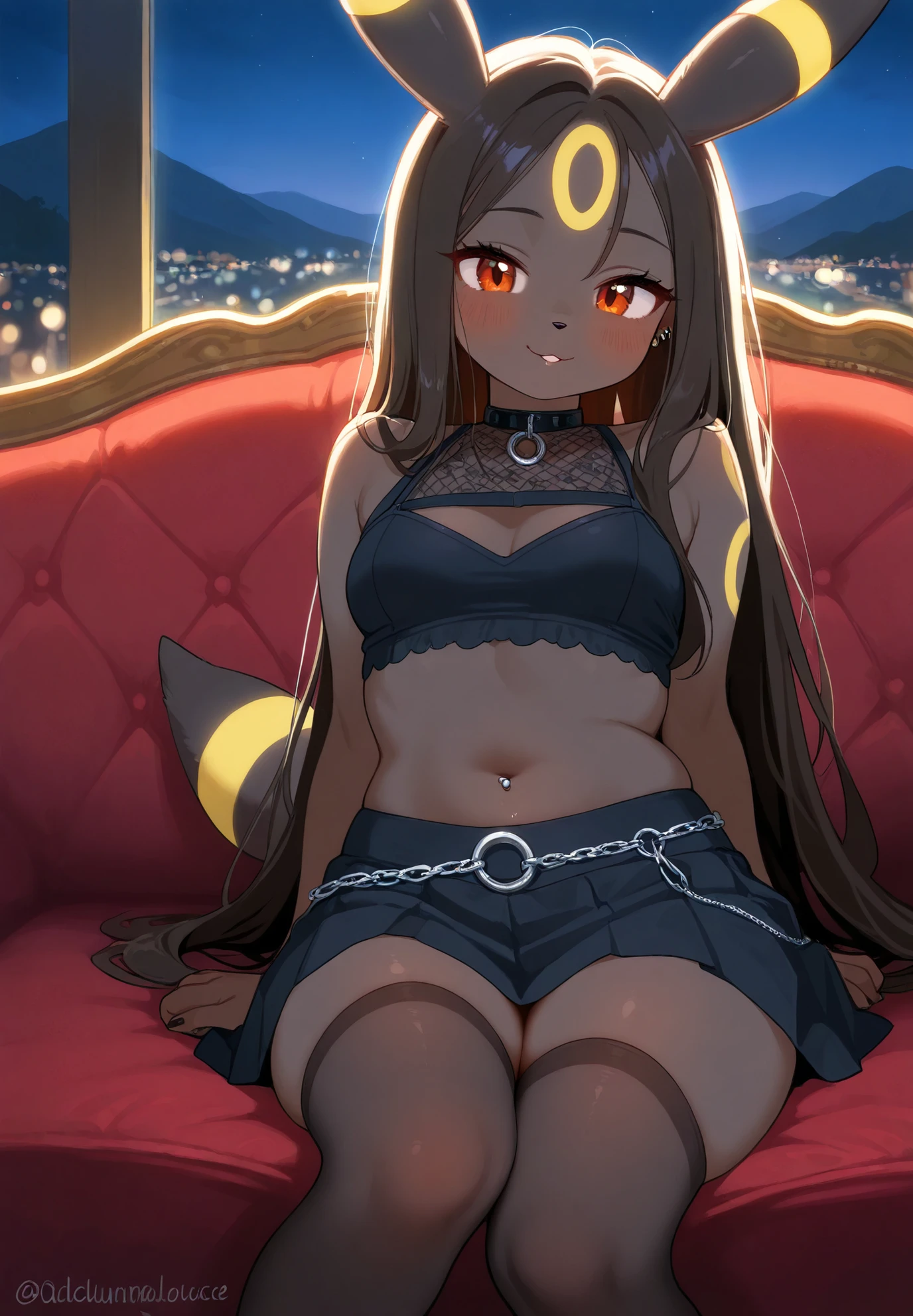 source_furry, furry, anthro, 1girl, Umbreon, Pokemon, long hair, crop top, piercings, thigh highs, skirt, sitting on a couch, sexy pose, alluring atmosphere, night time, mountain cottage, cinematic lighting, masterpiece,top quality,warm color,high resolution,high fashion,absurdres extremely,vivid colors,intricate details,best quality,amazing quality,very aesthetic,newest,ultra-detailed,nsfw