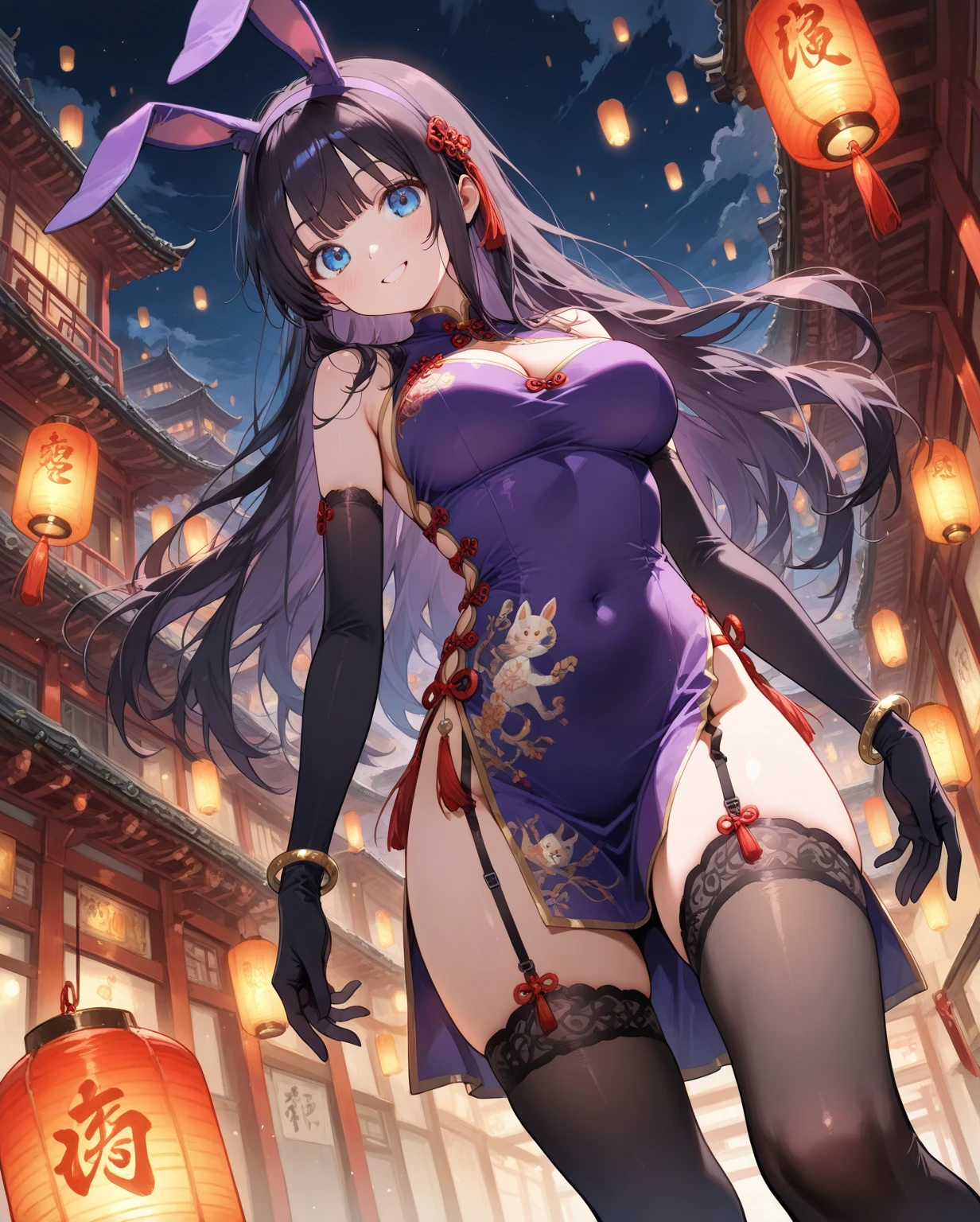 (((best quality))), ((ultra-detailed)), ((an extremely delicate and beautiful)), ((16k)), realistic, hd, cgi, gleaming hair, gleaming skin, gleaming dress, Character focus, solo, stylish pose, strong light coming in, sharp focus, illustration, game cg, anime, solo, curvy, (big breasts:1.3), forehead, ( Chinese Lace Up Cheongsam Open Chest Bodycon Dress High Slit Qipao mini), faste collarbone, (belly:0.9), standing, leaning forward, hand reaching viewer, looking at viewer, ocean, flower hair ornament, accessories, backlighting, shiny skin, shiny body, chibi, gloves, necklace, jewelry, black-brown hair, bead necklace, red faded into black colored hair, brown eyes, long hair, black bunny ears, red ubre hair, red black hair, more red hair streaks, smaller dress,