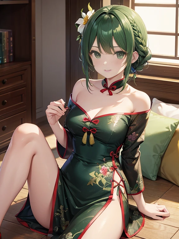 (((Horse Girl))), (((Fine Motion))), Thighs, sitting on a luxurious red sofa, (((Panties are slightly visible))), smile, A young lady-like outfit with a white base and green embroidery, (((White base with green embroidery for a mature and sexy look.))), High resolution, Knees up,