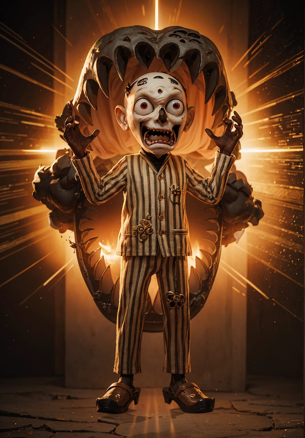 a caramel-colored teddy bear, wears a yellow and blue bow tie, he has a black crown that floats over his head, his eyes are big with stars inside, there is a black liquid dripping from his eyes, he is in a hall of royalty all gilded, he is the king, he is evil, he is hideous and frightening, scary, horror picture
