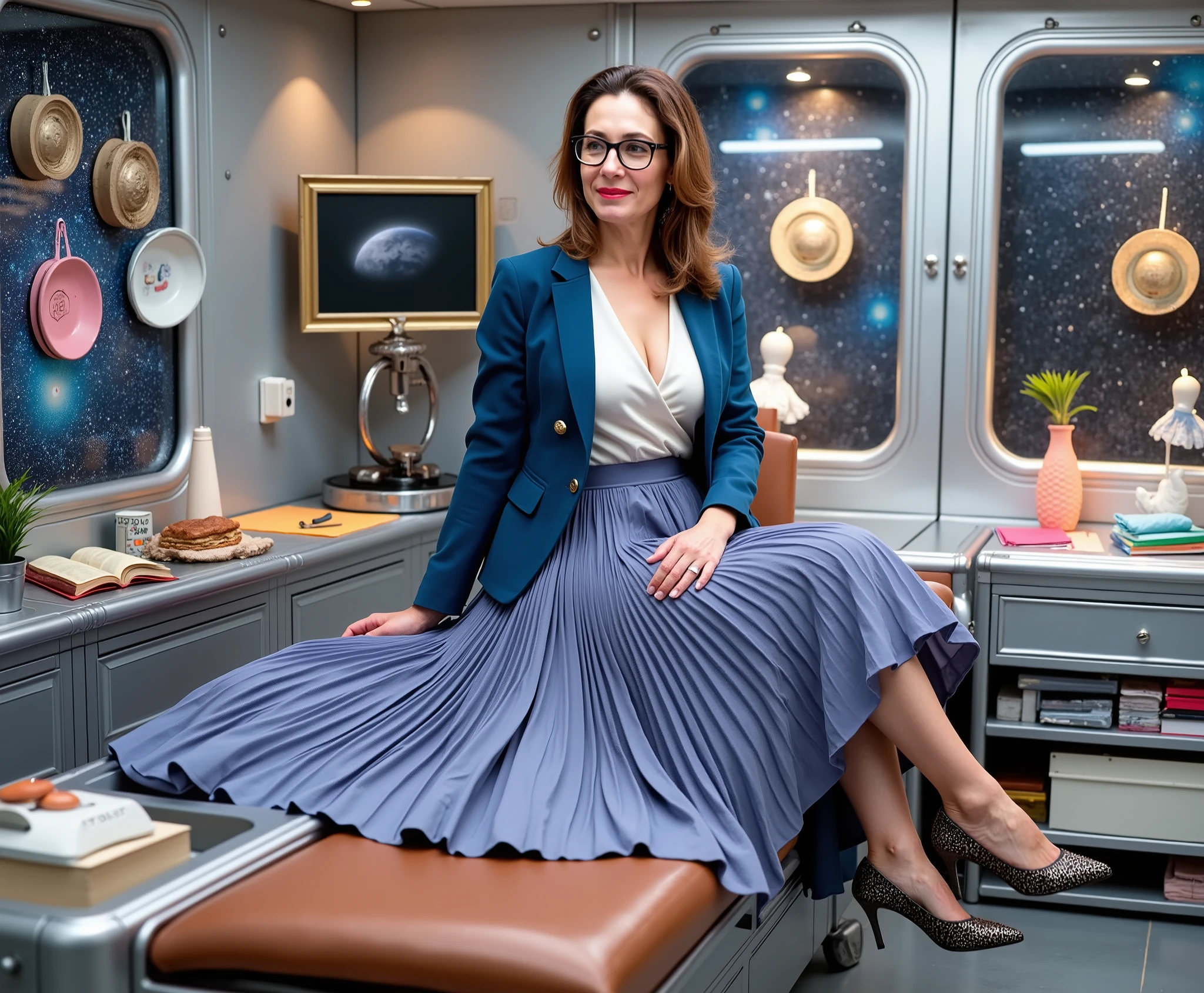 In an interstellar office adorned with vintage charm, a mature therapist, dressed in a crisp uniform jacket and a blouse, reveals her alluring feminine grace. Her long, pleated skirt sweeps dramatically across the metallic floor, each fold a testament to the high-quality 35mm film, capturing the essence of Portra400 or Vision3 200T/500T. The soft focus lens embraces her, blurring the cosmic backdrop of star-studded windows that frame her nurturing embrace. She sits on the edge of her desk, her modest low-heel shoes hinting at a flirtatious posture. Her gentle smile is enhanced by the warm golden light that kisses her flushed skin and glistening sweat, while her glasses reflect the moonlit dance of distant galaxies. The soft, seductive arch of her legs invites closeness, and her blushing cheeks and parted lips whisper promises of a passionate embrace. The spacecraft's interior, a blend of retro-futuristic elegance and modern ergonomics, is bathed in a sensual ambience that resonates with the therapist's longing gaze. The composition is a masterful blend of intimate framing and the vastness of the cosmos, highlighting the stark contrast between her tender touch and the cold steel of the spaceship. The lighting, a symphony of artificial warmth and ethereal moonbeams, casts long, dramatic shadows that play upon her form, emphasizing the contours of her body and the sharp creases in her skirt. Her eyes, filled with a mix of empathy and desire, beckon you into the heart of the frame, inviting you to explore the depths of her soul in this erotically charged, celestial sanctuary.